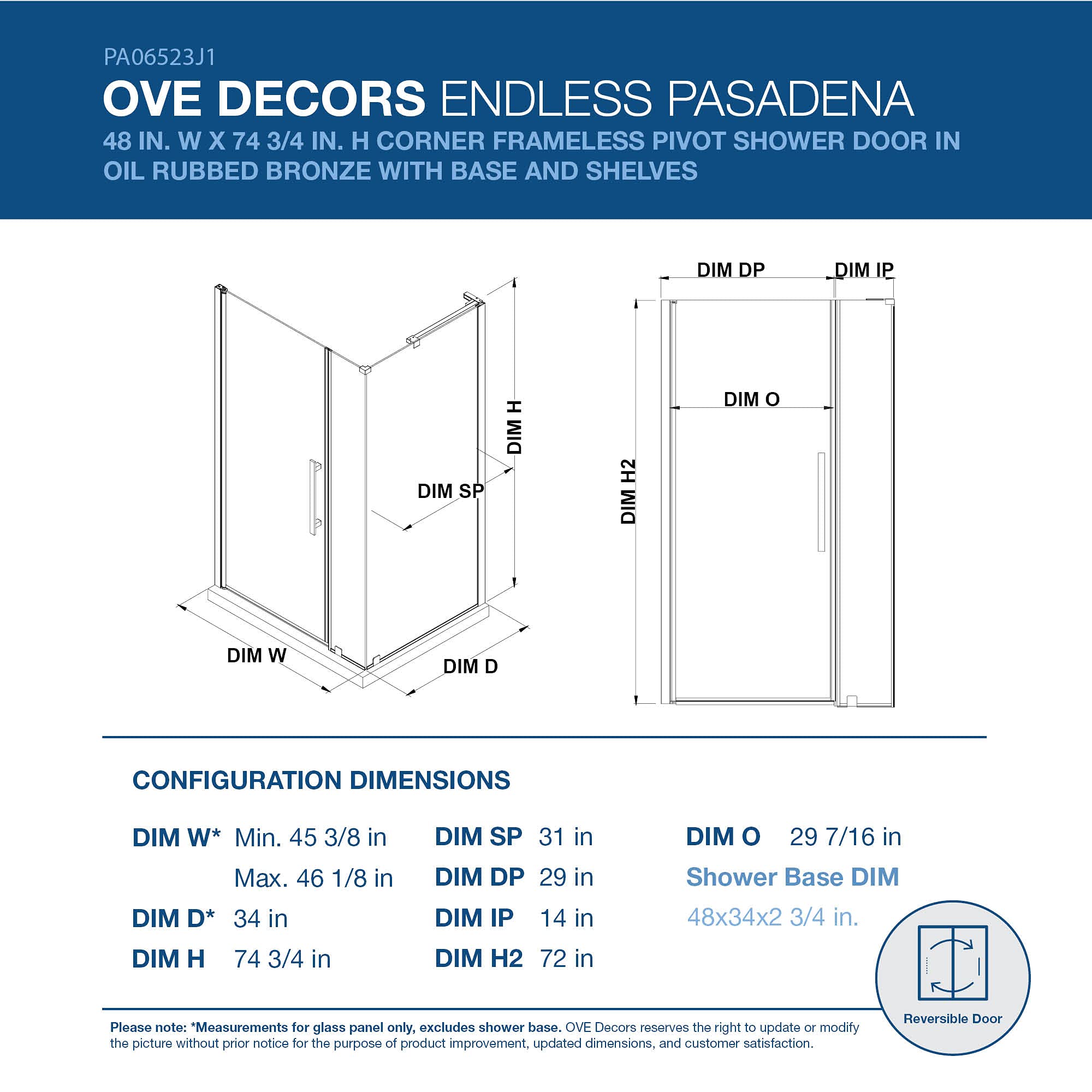 OVE Decors Pasadena Frameless Corner Pivot Shower Door 48
