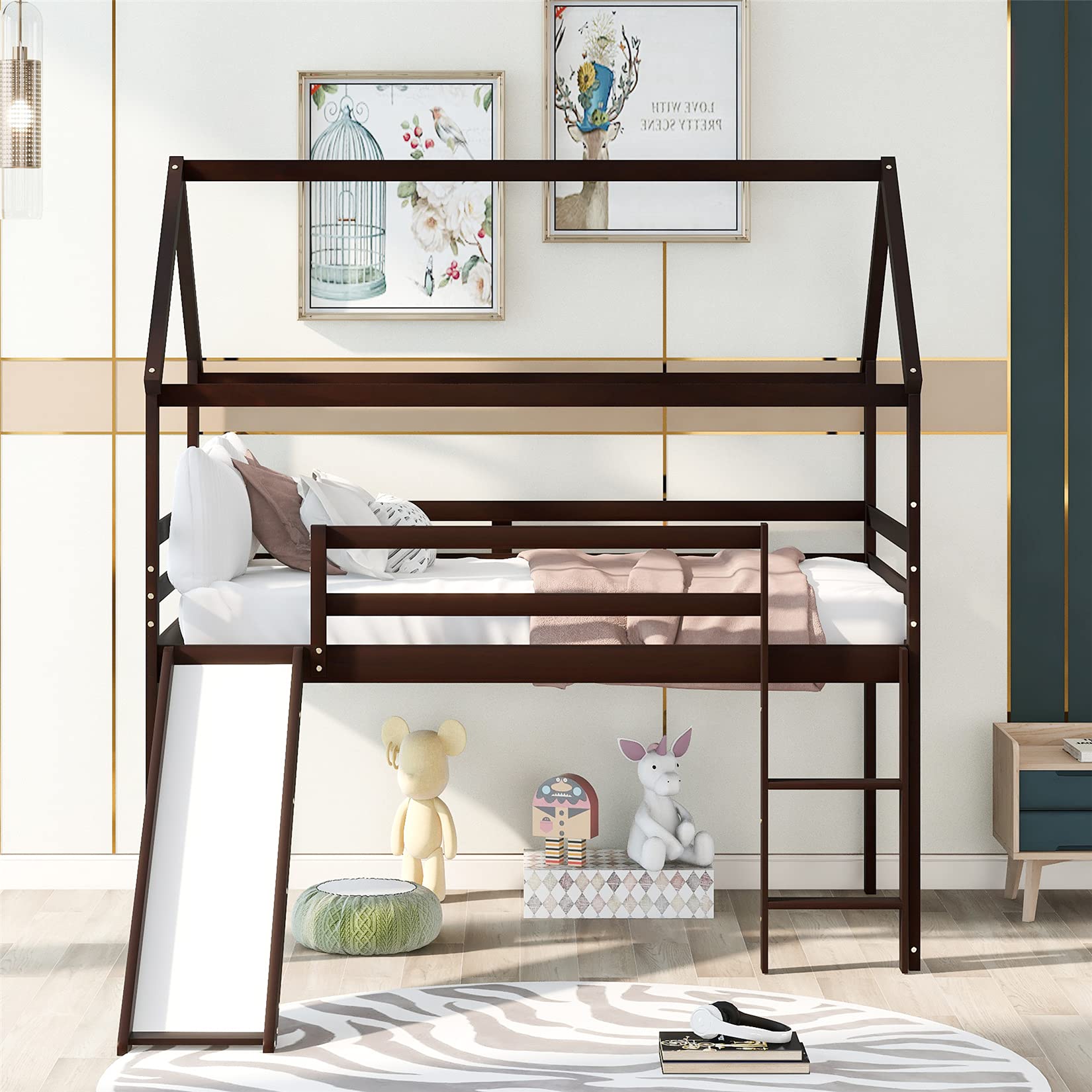 Kids Loft Bed with Slide - Sturdy Wooden House Bed Frame for Boys & Girls, No Spring Box Needed, Espresso Finish - Perfect for Small Bedrooms & Playrooms