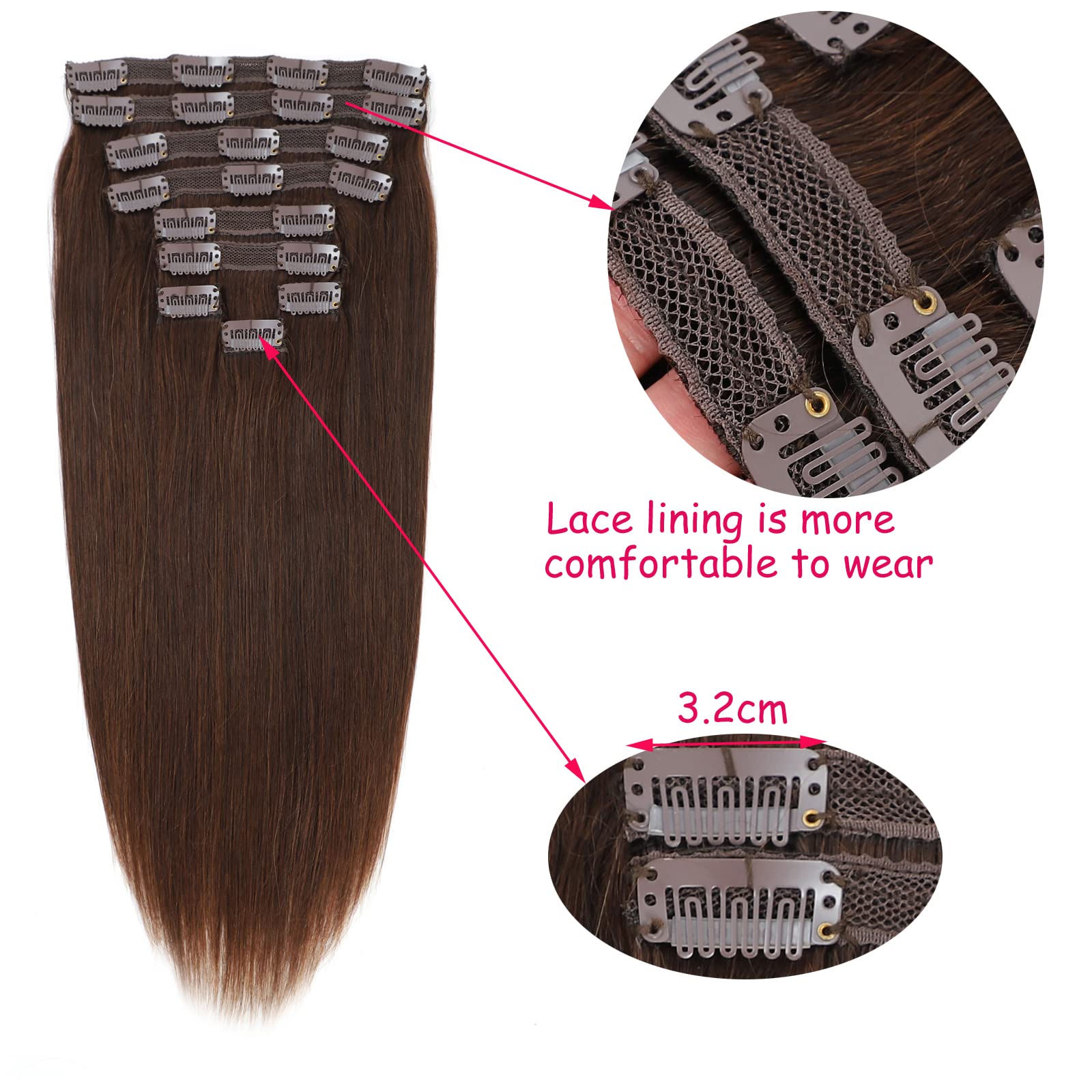 9pcs 22inch Clip in Human Hair Extensions - 130g Dark Brown Remy Hair, Straight & Soft Natural Hair Extensions for Thickening & Styling | Perfect for Parties, Weddings & Daily Wear