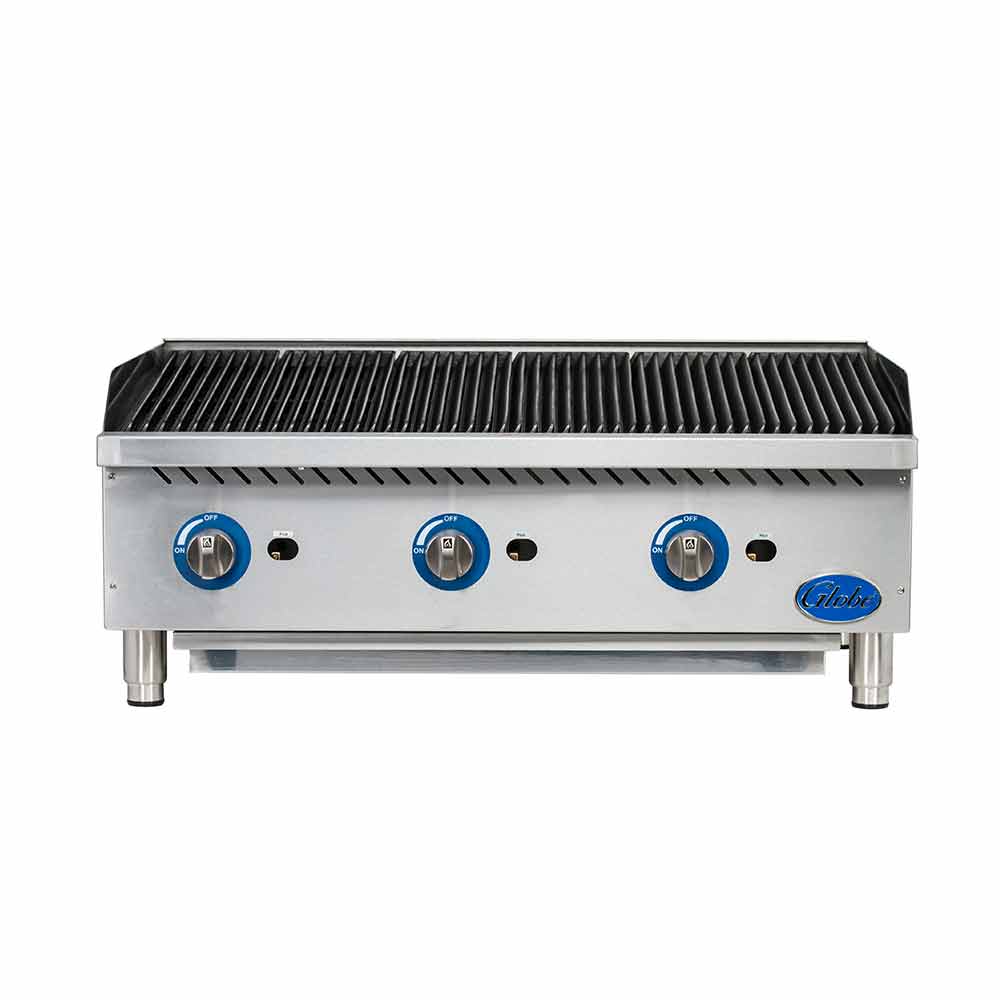Globe GCB36G CR 36-Inch 3-Burner Radiant Gas Countertop Charbroiler - Commercial Restaurant Grill for Burgers, Steaks & Seafood - Perfect for Kitchens, Food Trucks & Outdoor Catering
