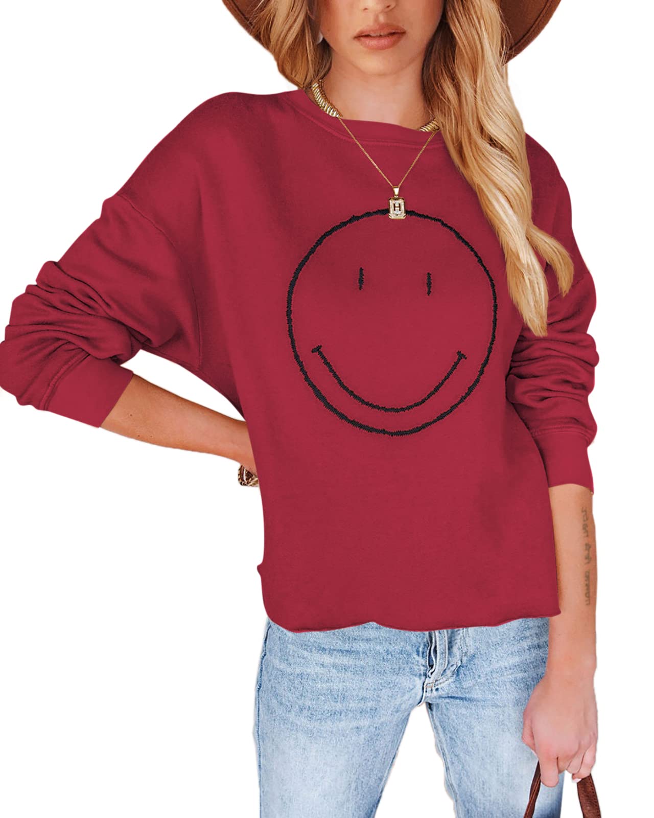 Women's Smiley Face Graphic Crewneck Sweatshirt - Casual Long Sleeve Pullover Top for Everyday Wear, Street Style & Cozy Outfits
