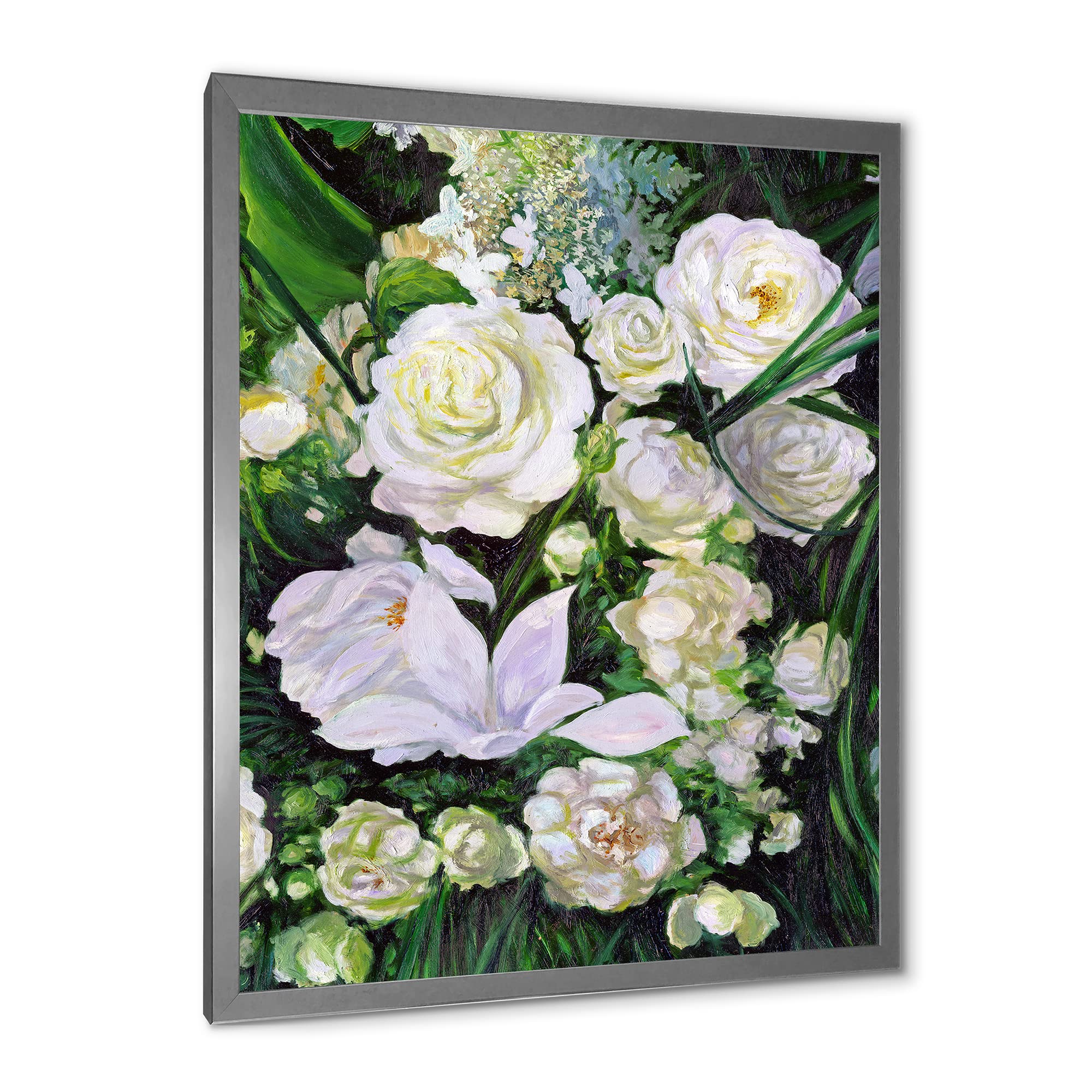 DesignQ Framed Wall Art - Elegant White Rose Bouquet Painting for Home & Office Decor | Perfect for Living Room, Bedroom, or Gift