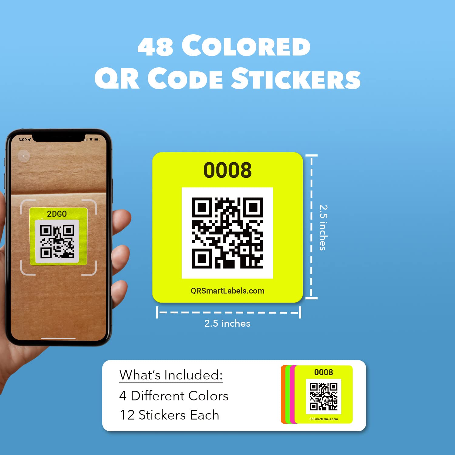 48 Pack Neon QR Code Smart Labels - Made in USA for Storage & Inventory Tracking | Organize Storage Units, Moving Supplies & App Inventory Management | Perfect for Home Organization, Warehouse Logistics & Small Business Inventory Control