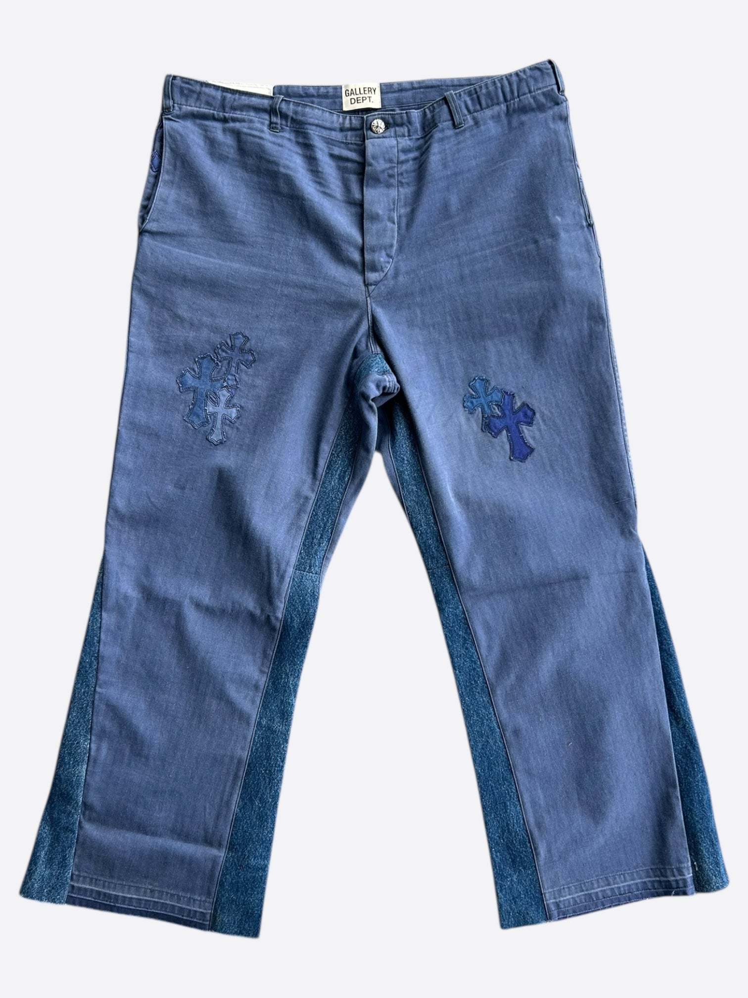 Vintage French Work Pants with Chrome Hearts & Gallery Dept Blue Cross Patch - Retro Denim Jeans for Men, Streetwear Fashion, Hip Hop Style | Perfect for Casual Wear, Urban Outfits & Music Festivals