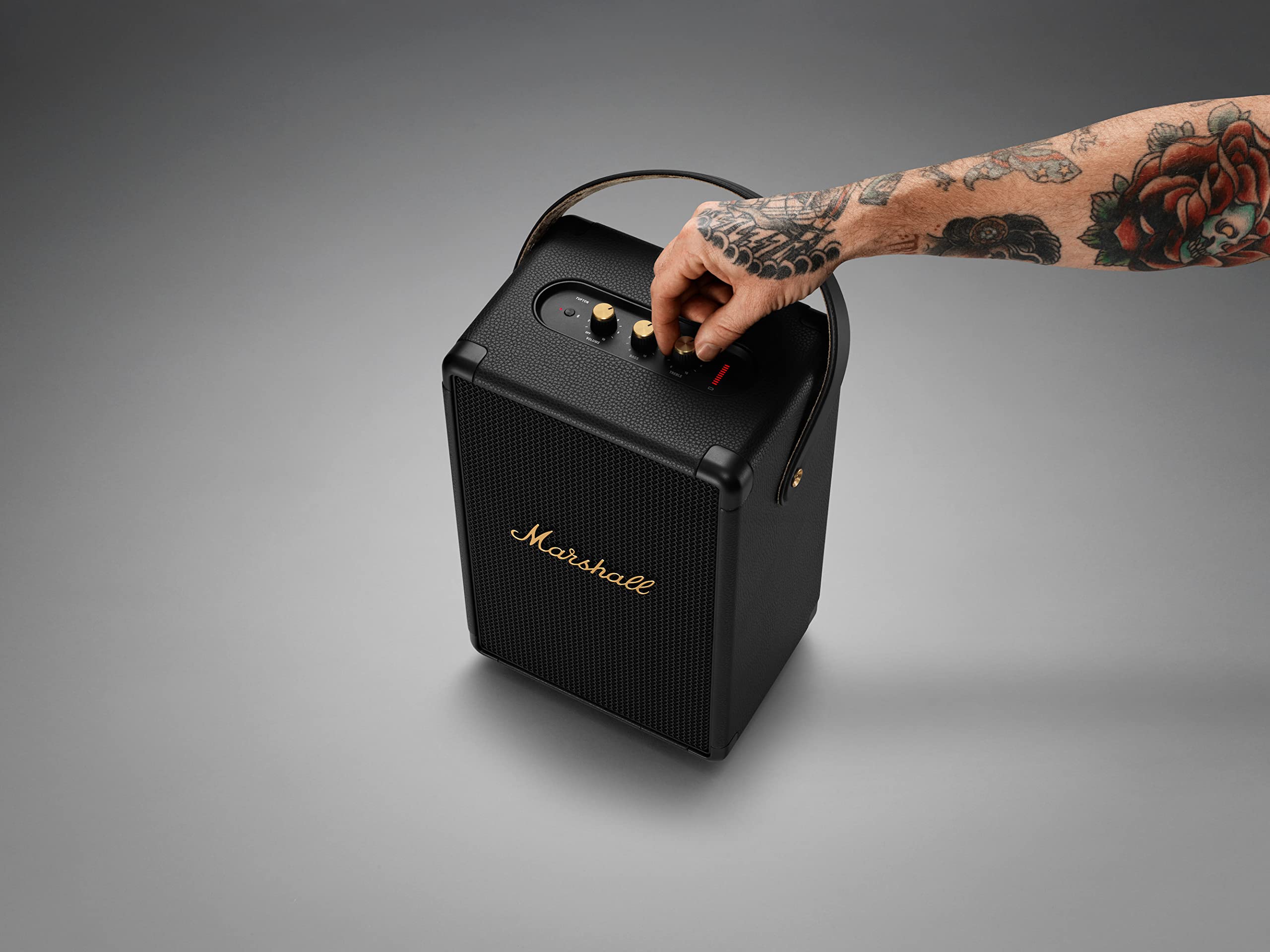 Marshall Tufton Portable Bluetooth Speaker - Wireless Outdoor Speaker with Rich Bass, 20+ Hours Playtime, IPX4 Waterproof, Black & Brass Finish - Perfect for Camping, Beach Parties & Home Entertainment