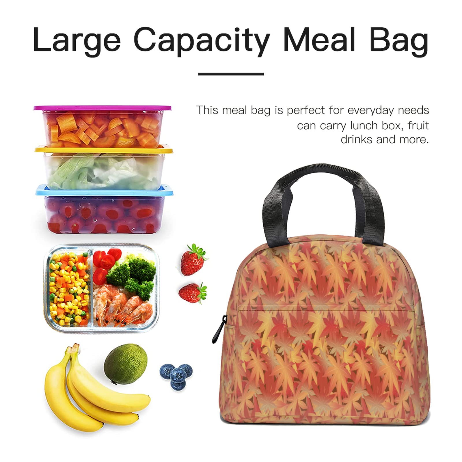 Japanese Maple Leaf Insulated Lunch Tote Bag - Reusable Thermal Lunch Box with Front Pocket for Women & Men | Perfect for School, Office, Picnic, and Autumn Outings