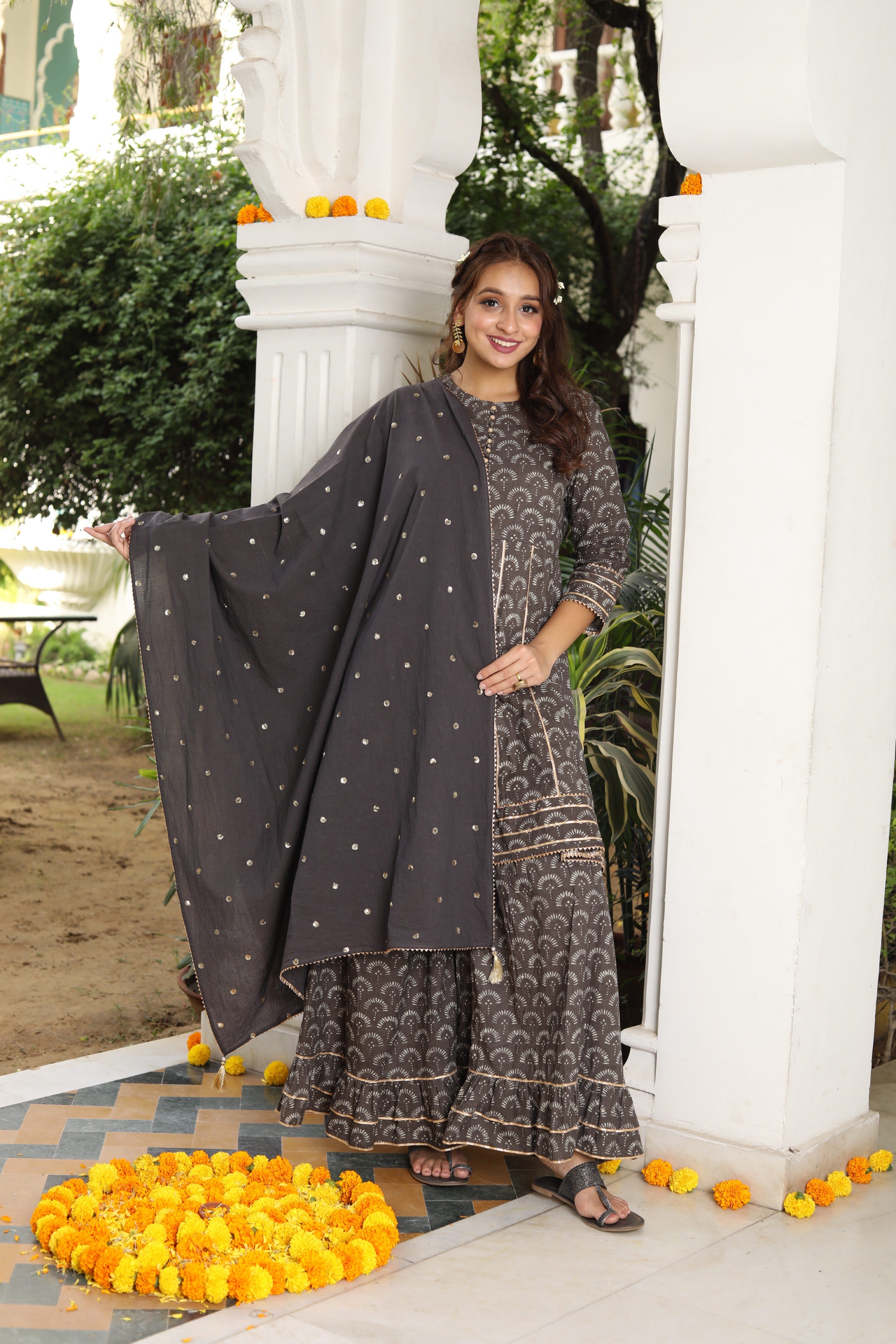 Elegant Mocha Brown & Grey Sharara Set for Women | Traditional Pakistani/Indian Wedding Outfit | Perfect for Festivals, Parties & Special Occasions