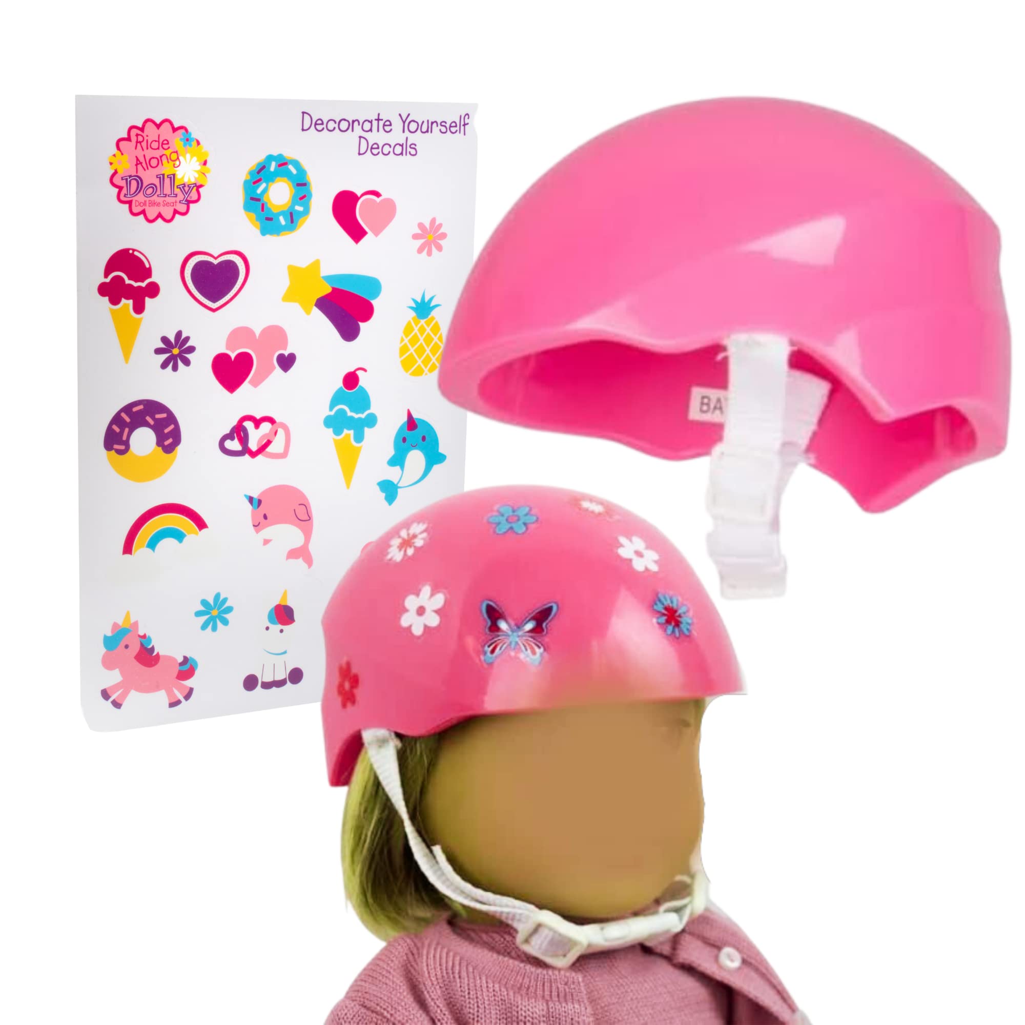 Pink Bike Helmet for 18 Inch Dolls - Cute Doll Bicycle Helmet with Decorative Decal Stickers Accessory - Perfect for American Girl Dolls & DIY Toy Accessories