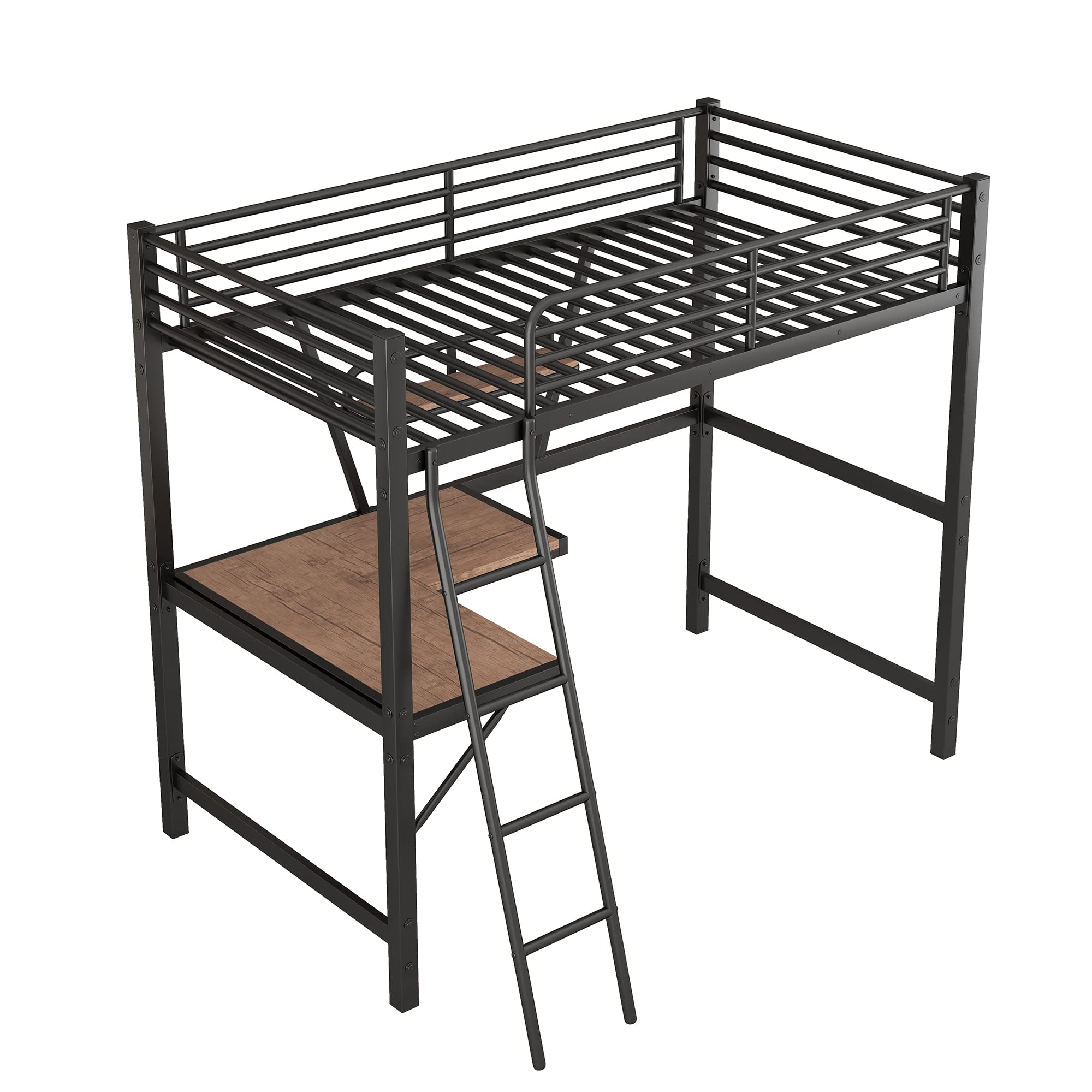 KLMM Modern Twin Size Loft Metal & MDF Bed with Built-in Desk and Shelves - Space Saving Study Bed for Teens & Adults - Perfect for Small Bedrooms, Dorm Rooms & Studio Apartments (Black)