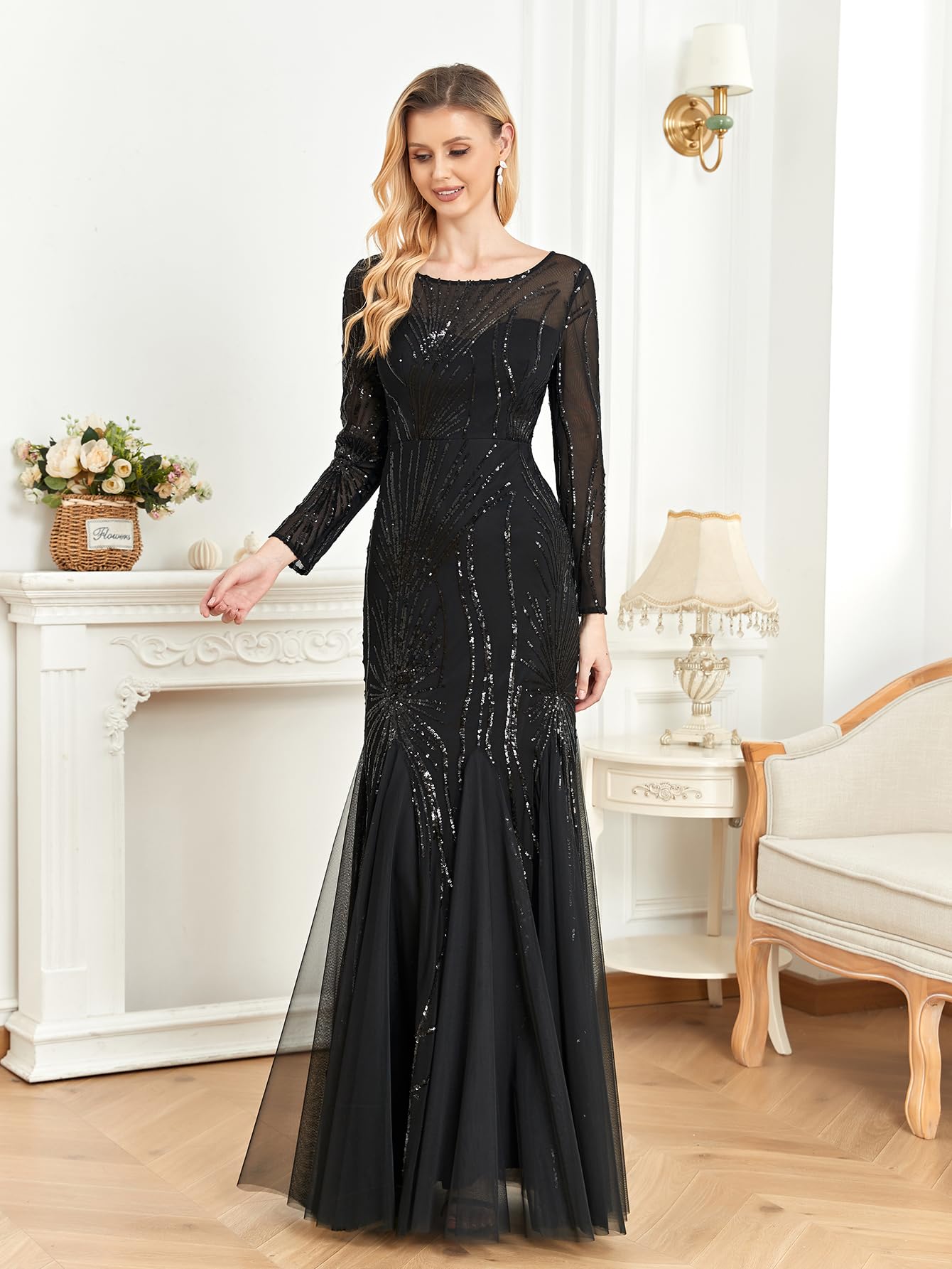 Elegant Long Sleeve Sequin Evening Dress - Sparkly Glitter Mermaid Gown for Wedding Guest, Mother of The Bride & Special Occasions | Perfect for Black Tie Events, Galas & Formal Parties