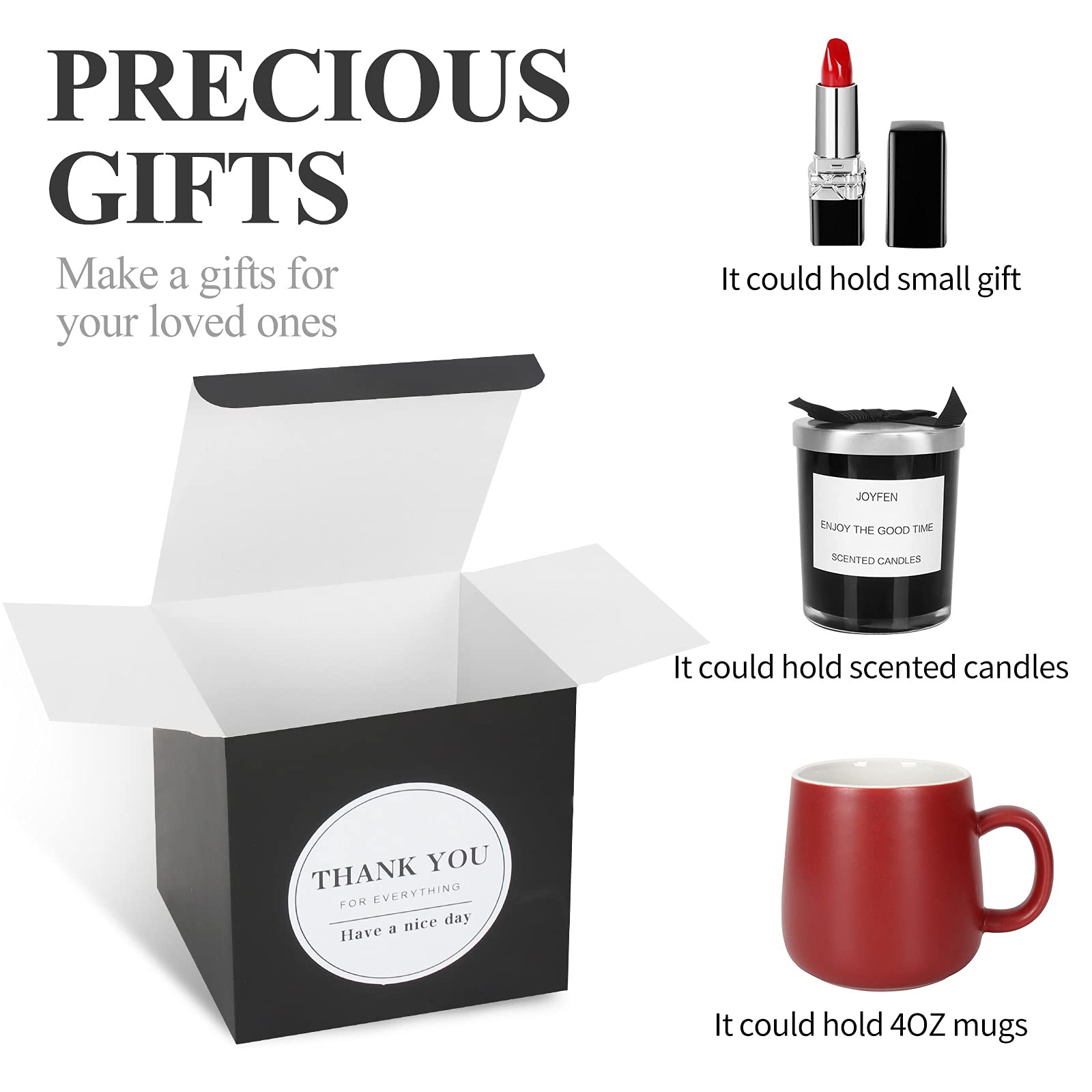 COTOPHER 60 Pack 4x4x4 Inches Small Black Gift Boxes with Lids - Premium Craft, Wedding, Party Favor, Cupcake & Candy Packaging Boxes - Includes Ribbons & Stickers - Perfect for Bridesmaid Proposals, Birthday Gifts & Holiday Treats (Black, 60)