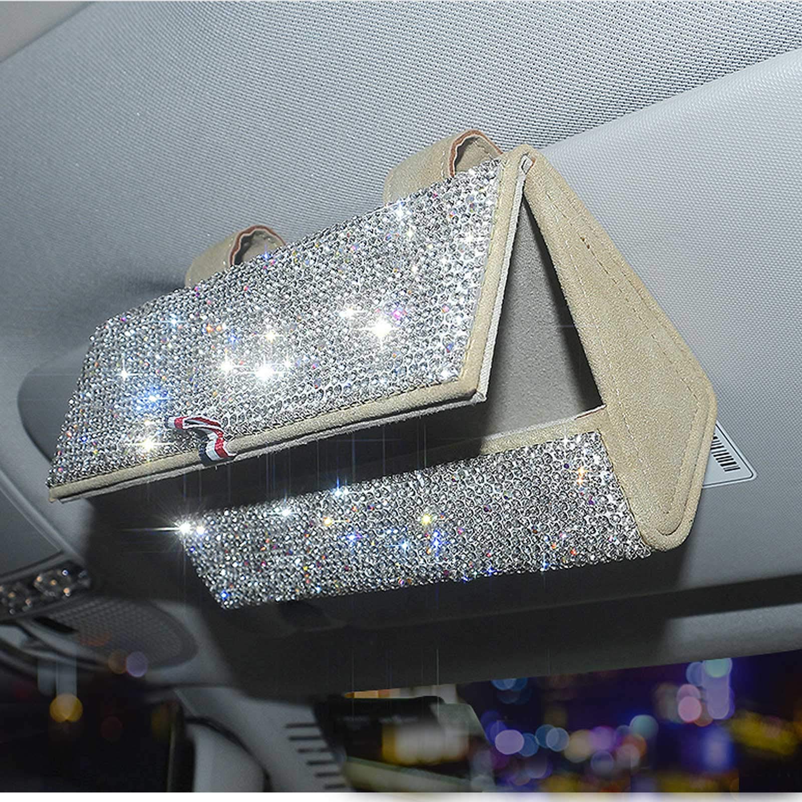 Sparkling Crystal Sunglasses Holder for Car Sun Visor - Glasses Case Storage Box with Bling Design (Beige) | Perfect for Organizing Eyewear in Vehicles & Travel Accessories