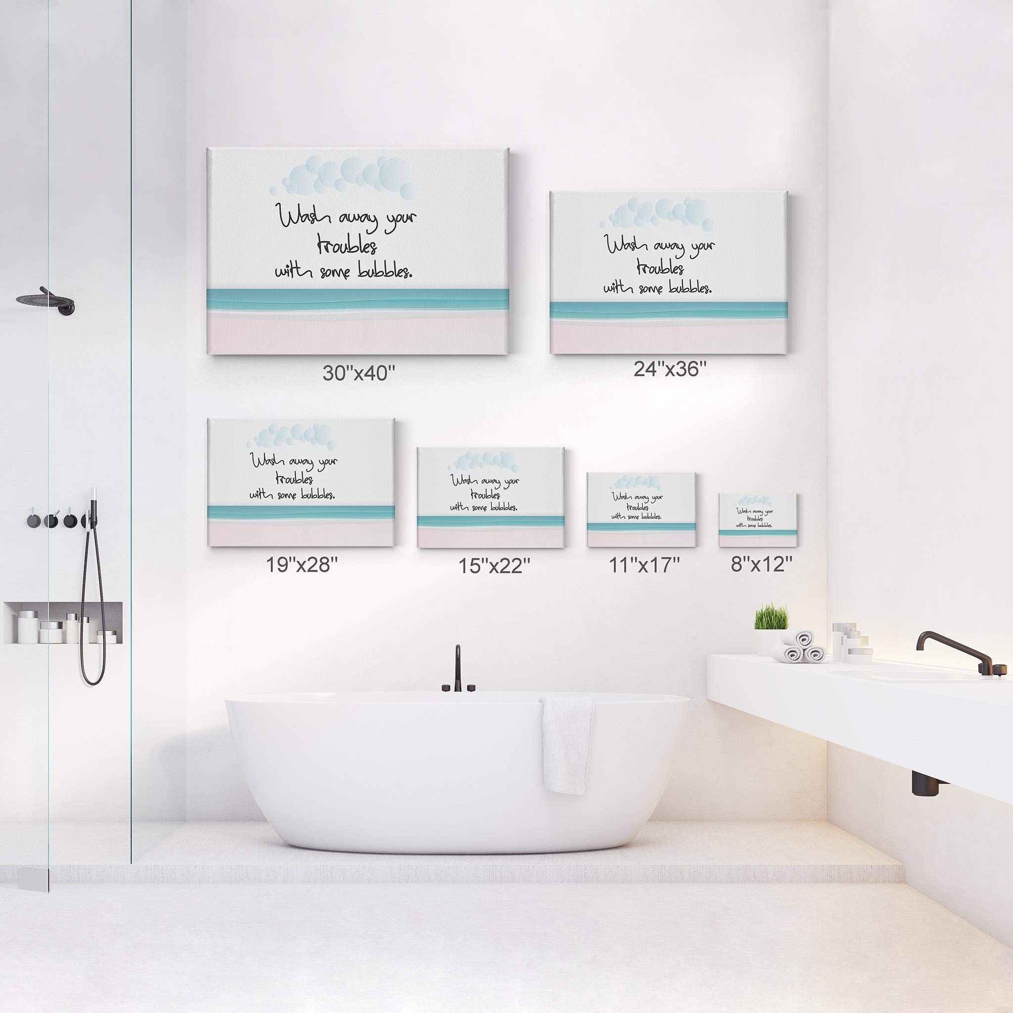 Smile Art Design 'Wash Away Your Troubles with Some Bubbles' Canvas Print - Funny Kids Bathroom Wall Decor Sign, 11x17 Inches, Ready to Hang, Made in USA - Perfect for Bathroom, Nursery, or Playroom Decor