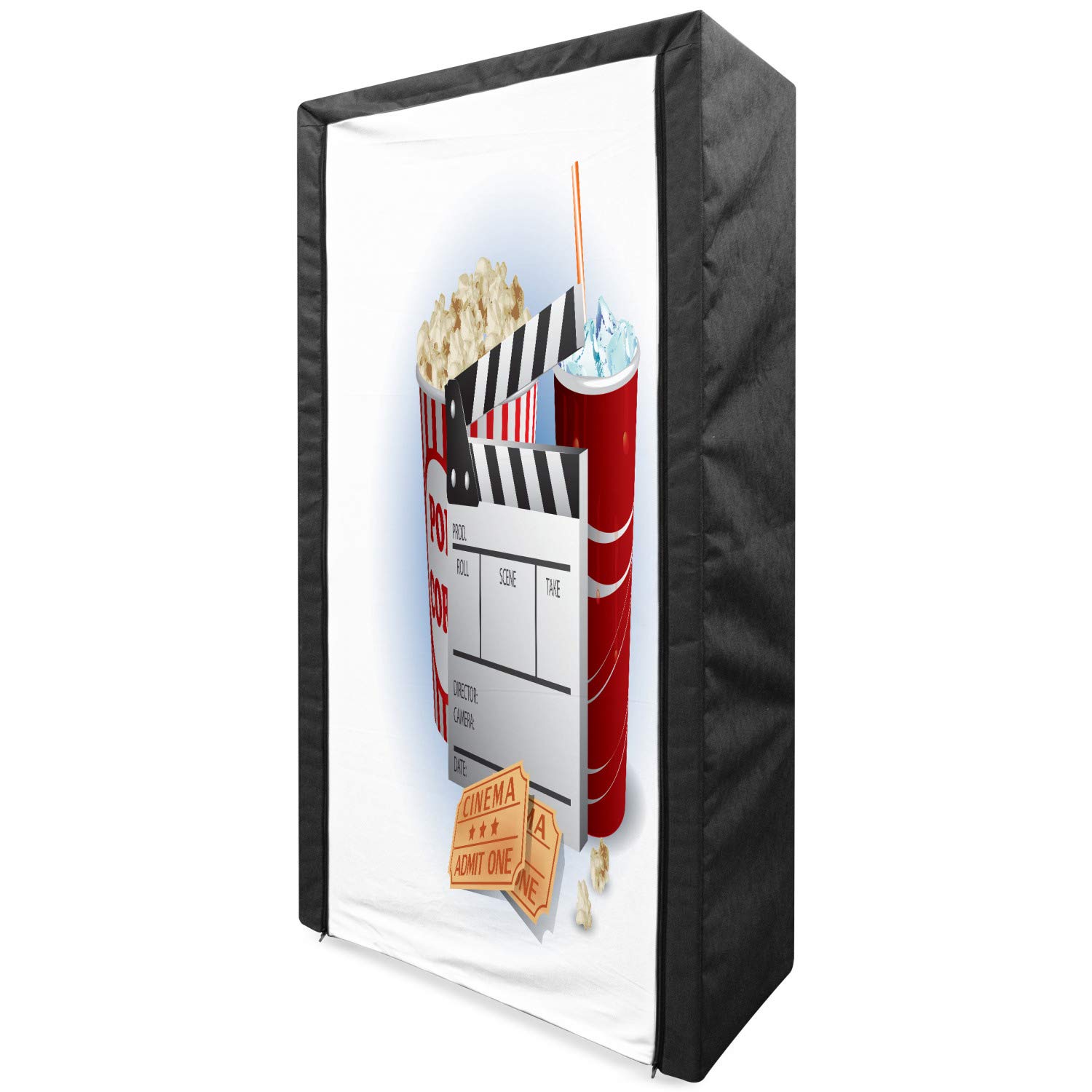 Ambesonne Portable Fabric Wardrobe - Movie Theater Design with Soda Tickets, Popcorn & Clapperboard Print - 33.5