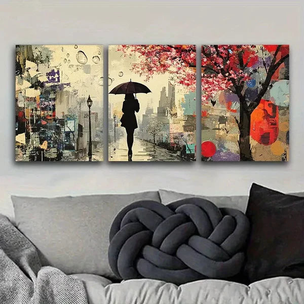 3-Piece Canvas Wall Art Set - 'A Woman Walks With An Umbrella' - 60x90cm Framed Prints - High Quality Australian-Made Ready-to-Hang Home Decor - Perfect for Living Room, Bedroom & Office Wall Decor