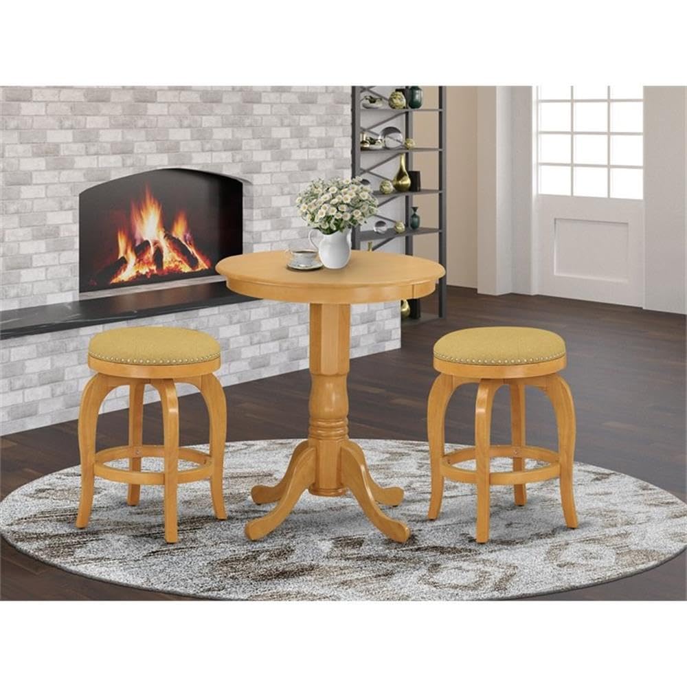East West Furniture 3-Piece Counter Height Dining Set - 30x30 Inch Round Kitchen Table with Pedestal Base & 2 Backless Stools, Oak Finish - Perfect for Small Spaces, Breakfast Nooks & Modern Kitchens