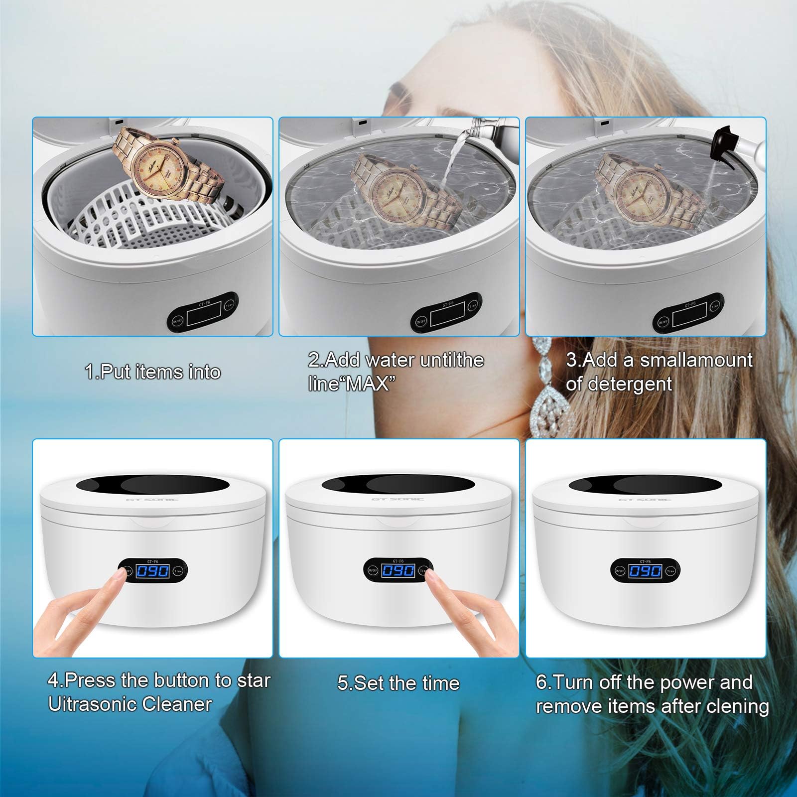 Ultrasonic Jewelry Cleaner for Rings, Watches, Eyeglasses & More - 25oz Tank with Digital Timer - Perfect for Home Jewelry Care, Watch Cleaning & Denture Maintenance