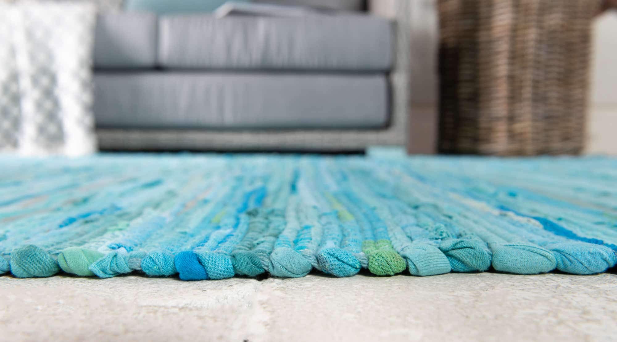 Unique Loom Handwoven Chindi Cotton Striped Area Rug - 8x10 ft Natural Fiber Floor Mat in Turquoise & Ivory | Boho Chic Living Room Decor, Bedroom Accent Rug