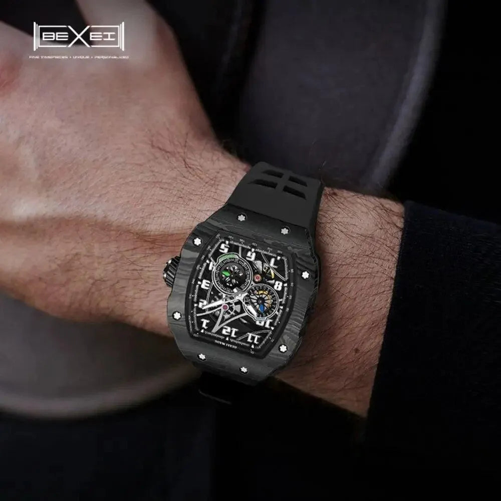 BEXEI 9088 Men's Automatic Watch - Carbon Fiber Case, Miyota 82S7 Movement, Sapphire Crystal, 50M Waterproof, Sporty Wind Design for Outdoor & Business Wear