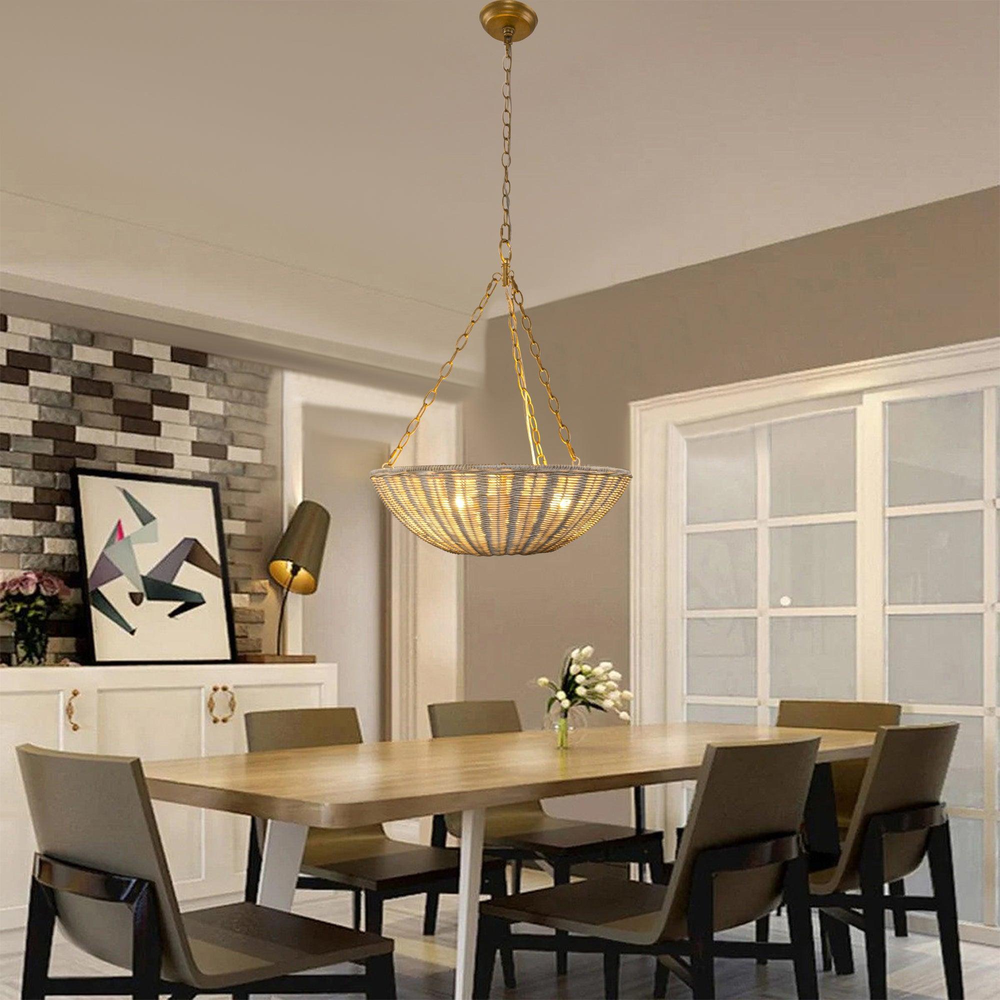 Farmhouse 3-Light Rattan Pendant Lighting - Bowl Shaped Ceiling Light Fixture for Kitchen Island, Dining Room, or Bedroom Decor