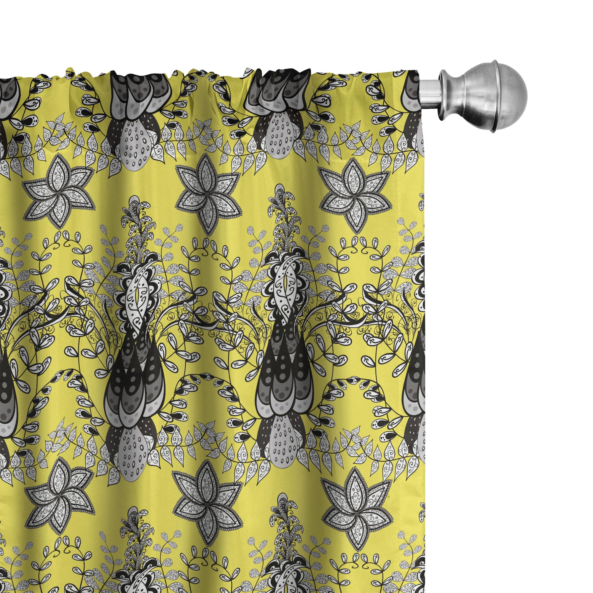 Ambesonne Grey and Yellow Curtains - Oriental Paisley Floral Design with Ivy Swirls, 2 Panel Set (28