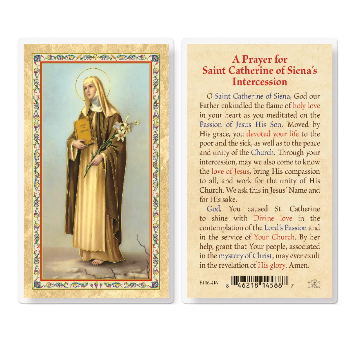 St. Catherine of Siena Biography - Gold Stamped Laminated Catholic Prayer Cards (Pack of 25) - Holy Cards with Prayer on Back for Devotion, Gifts & Religious Events