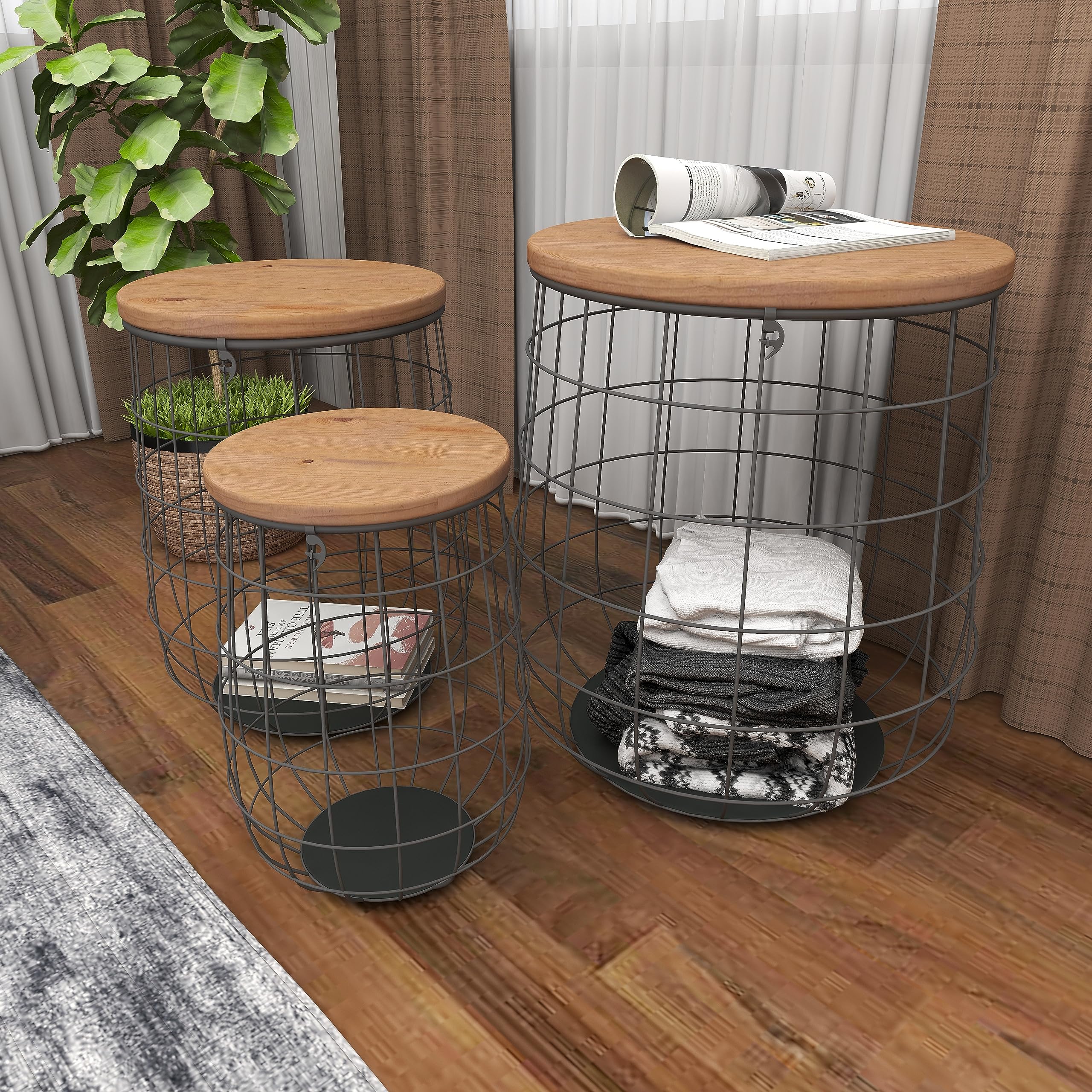 Deco 79 Set of 3 Large Metal and Wood Storage Baskets - 18, 20, 23 Inch Height - Rustic Brown Home Decor for Living Room, Bedroom, or Office Organization