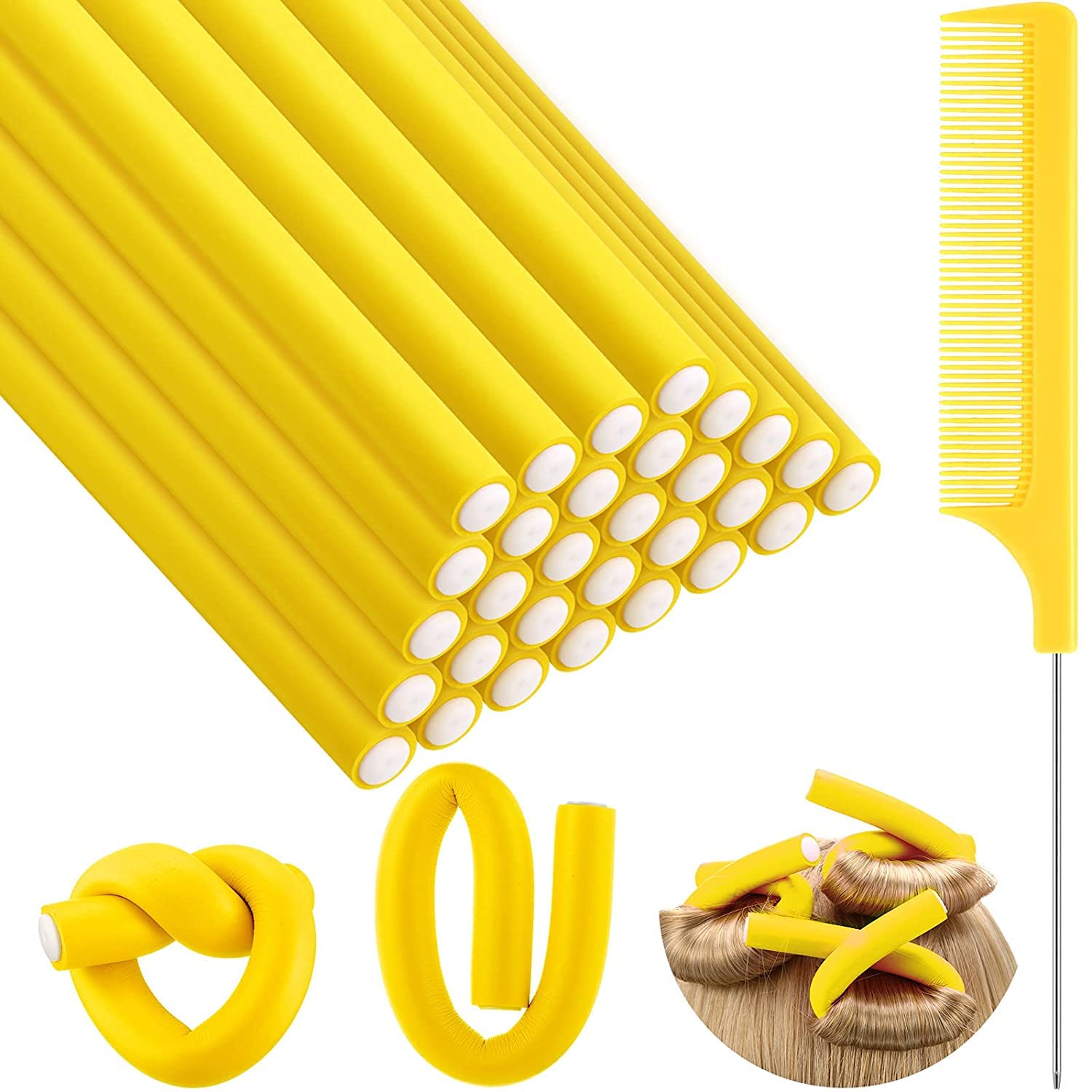 SIYAA 20-Piece Flexible Curling Rods Set - No Heat Soft Foam Hair Rollers & Twist Curlers with Steel Pintail Comb for Women & Girls (Yellow) - Perfect for Salon-Quality Curls at Home, Travel & Everyday Styling