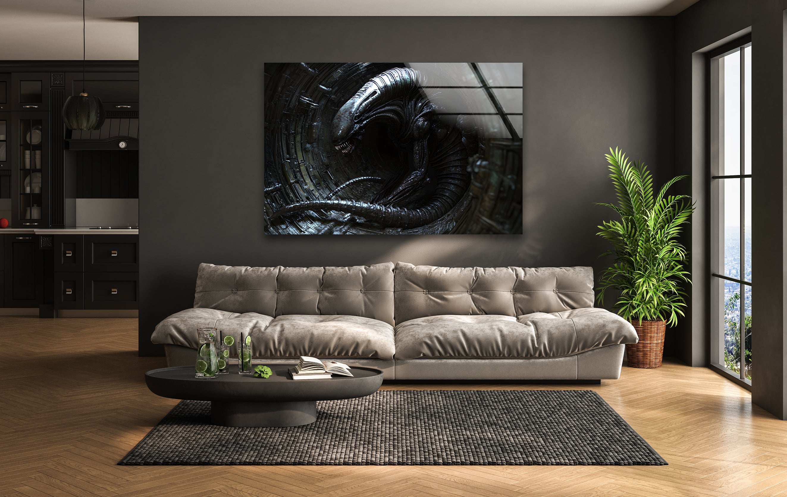 Black Alien Glass Wall Art - Modern Abstract Decor for Living Room, Bedroom & Office | Unique Handmade Glass Artwork for Home & Gifts