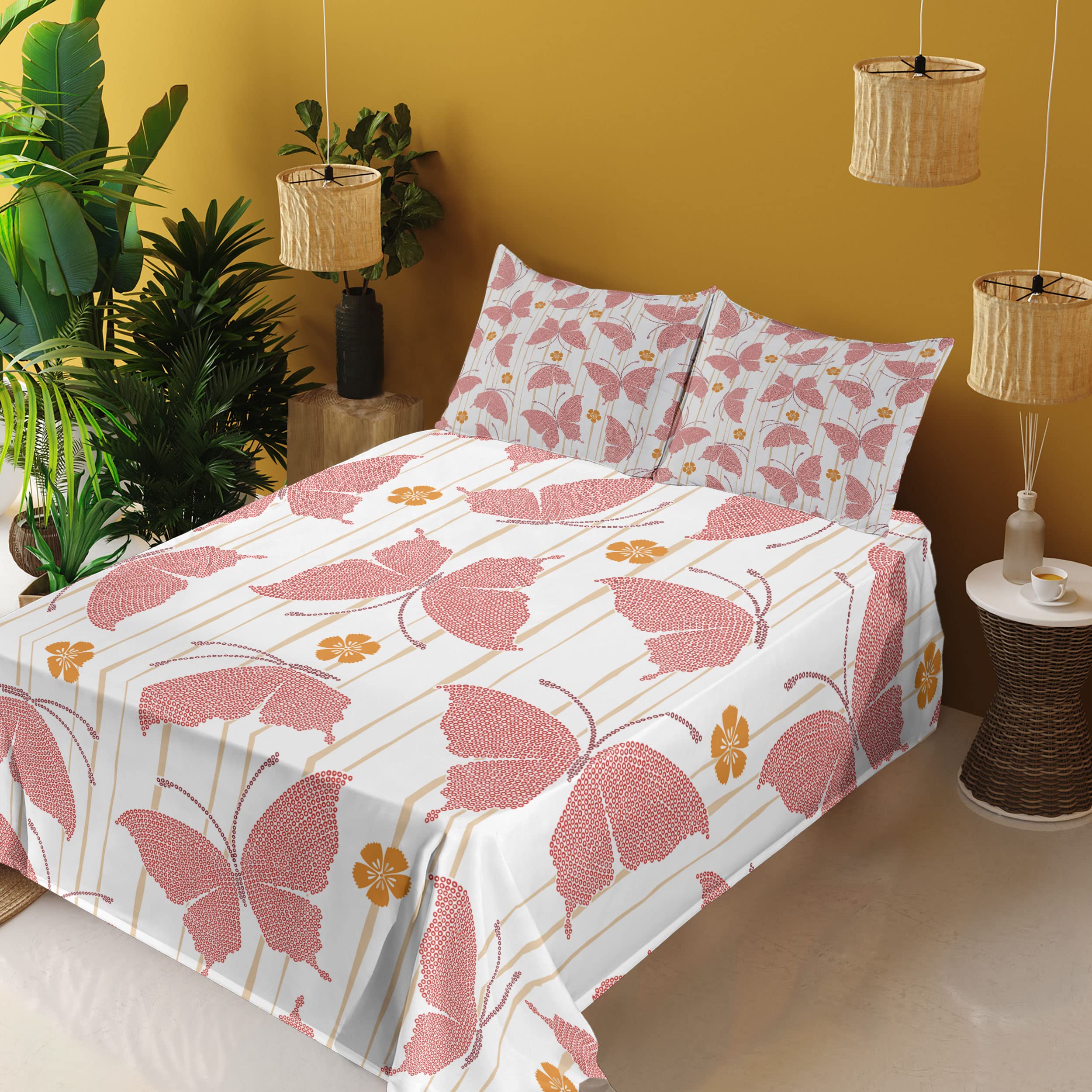 Ambesonne Butterfly King Size 4-Piece Sheet Set - Floral Butterfly Pattern with Digital Dots & Stripes in Red Orange Cream - Includes Fitted Sheet, Flat Sheet & 2 Pillowcases | Perfect for Master Bedroom, Guest Room & Bohemian Home Decor