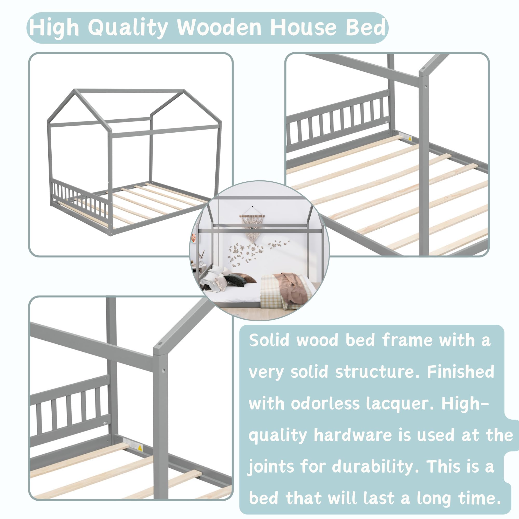 Montessori Wooden House Floor Bed Frame for Kids, Teens & Adults - Queen Size with Roof, No Box Spring Needed, Gray - Perfect for Kids' Bedrooms, Playrooms & Montessori Learning Spaces
