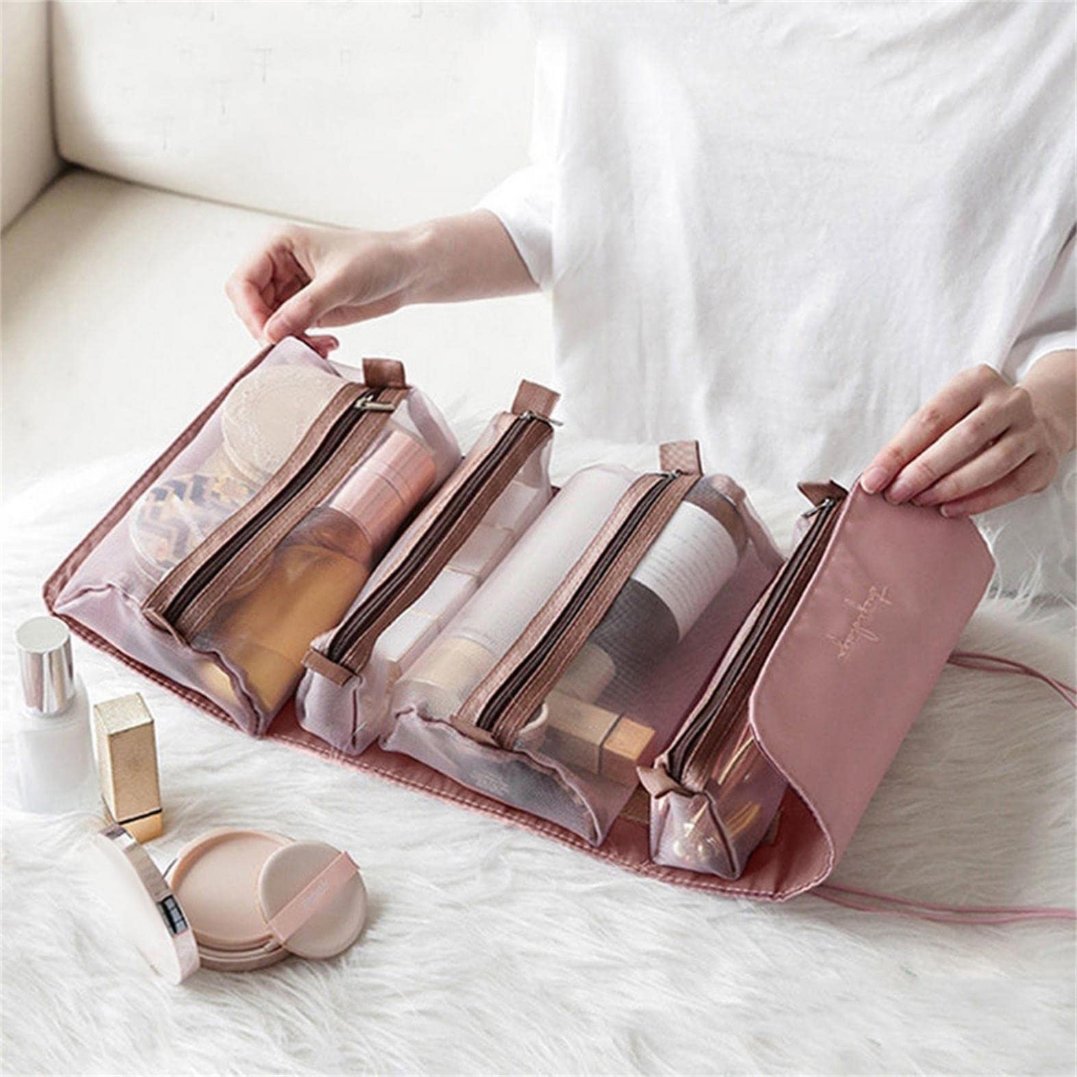 4 in 1 Foldable Makeup Bag with Removable Compartments - Travel Cosmetic Organizer, Mesh Toiletry Bag for Women - Perfect for Vacation, Gym & Daily Essentials Storage