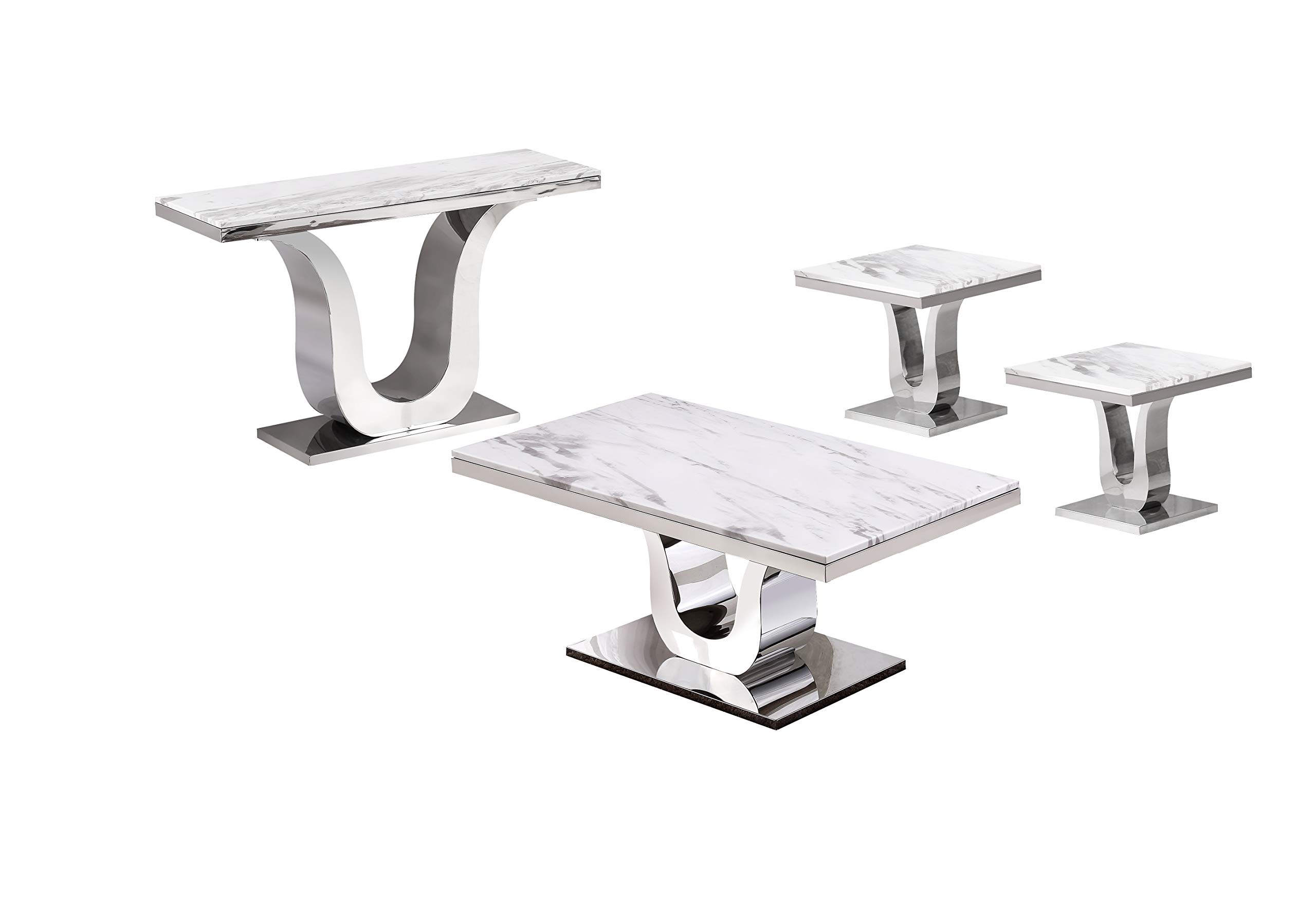 4-Piece White & Silver Coffee Table Set - Living Room Furniture