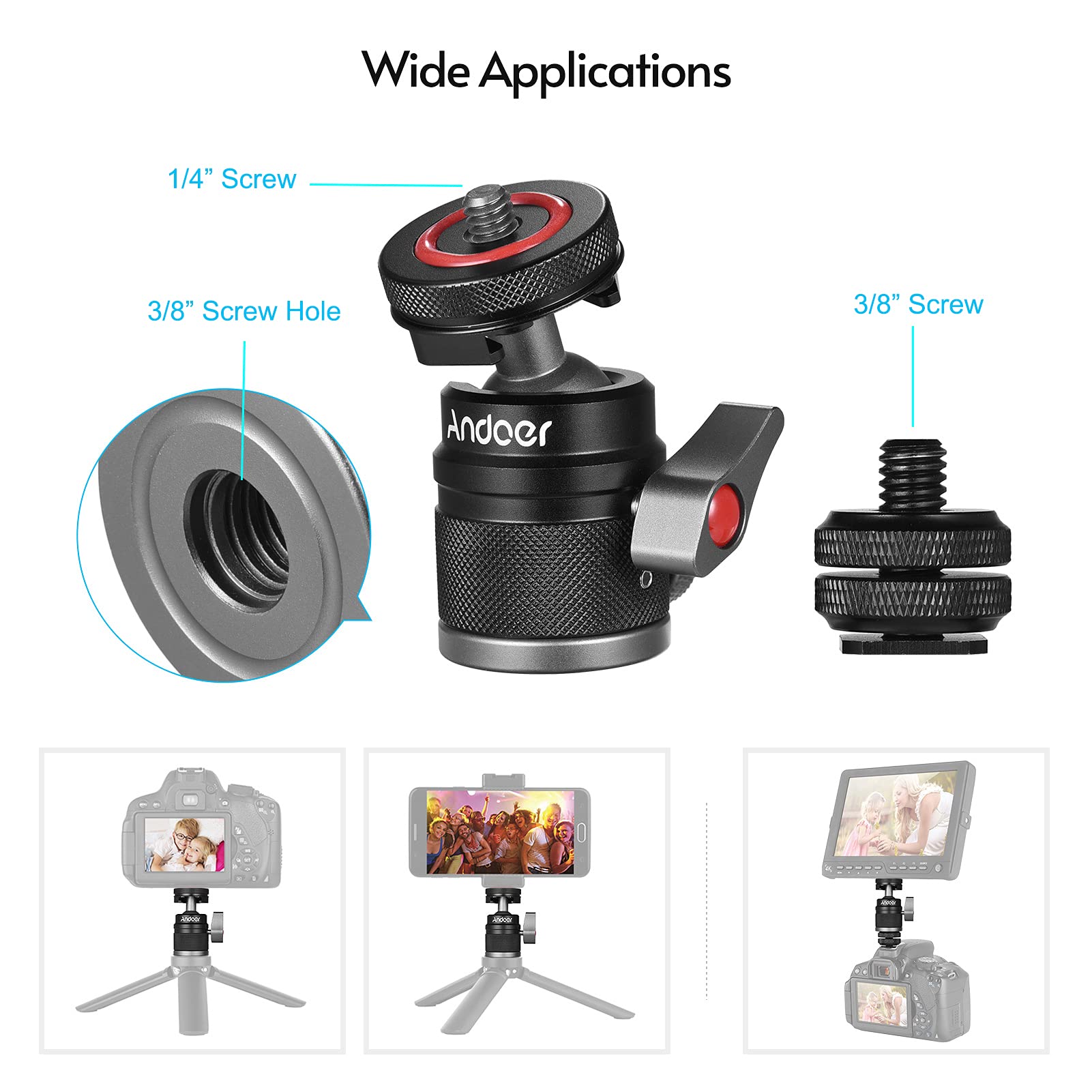 Andoer 360° Rotating Ball Head Adapter - 1/4