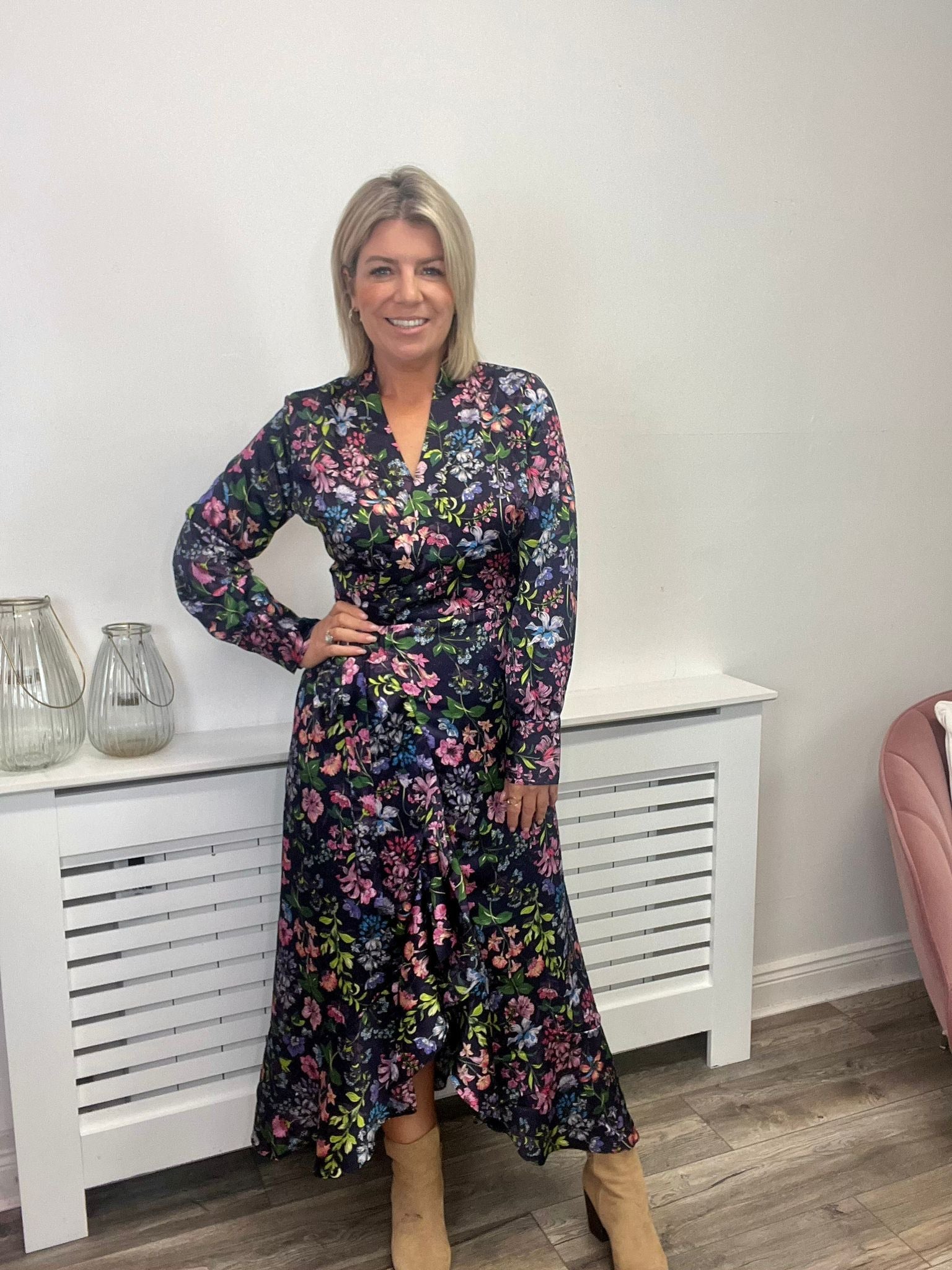 Marika Wrap Dress for Women - Floral Print Black Dress with V-Neck & Belt - Perfect for Office, Party & Casual Wear
