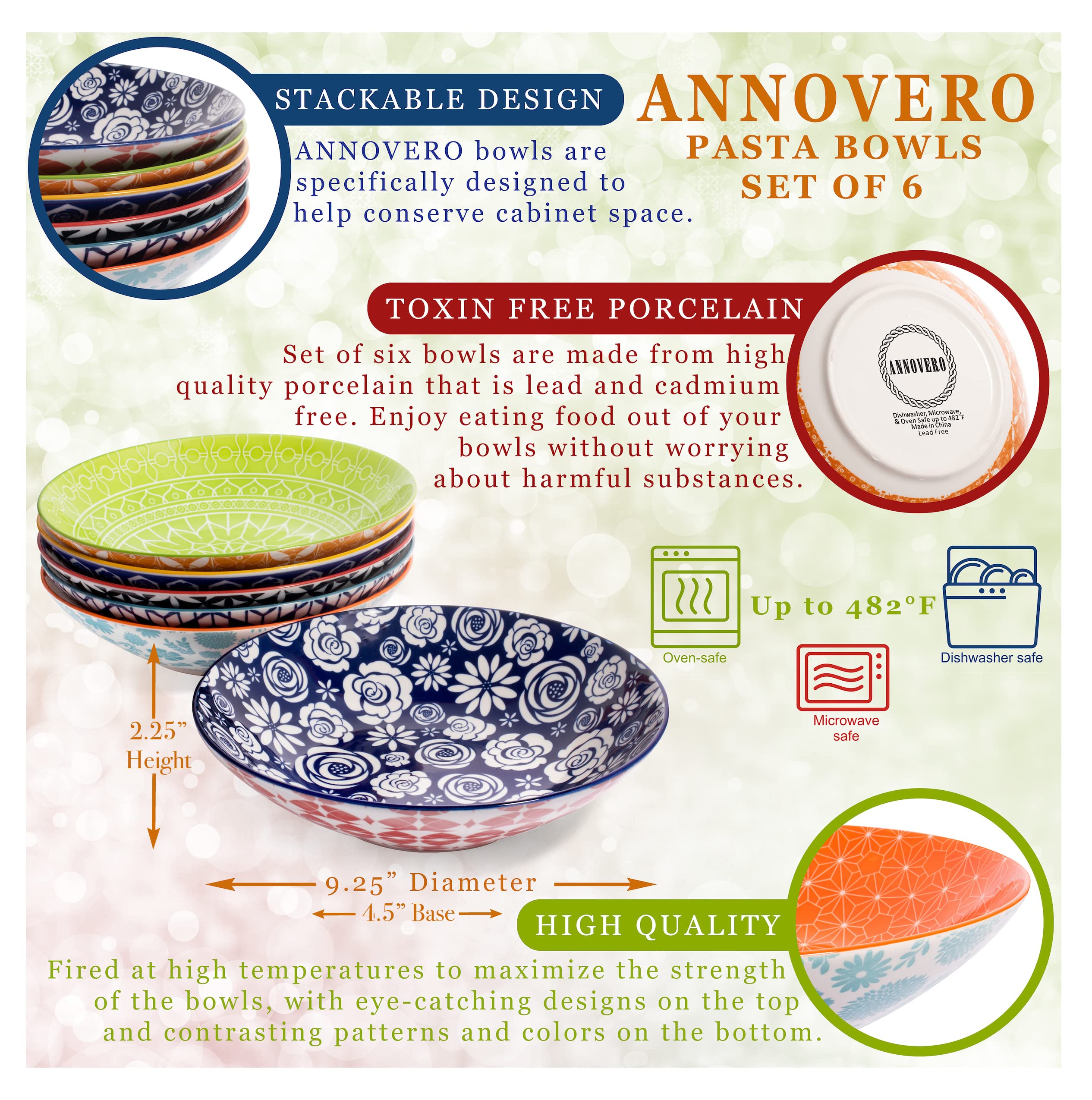 Annovero 16oz Cereal & Pasta Bowls Set - Colorful Porcelain Salad Plates & Serving Dishes for Breakfast, Oatmeal, Chili, Soup - Microwave & Dishwasher Safe Dinnerware - Perfect for Family Meals, Dinner Parties & Everyday Use