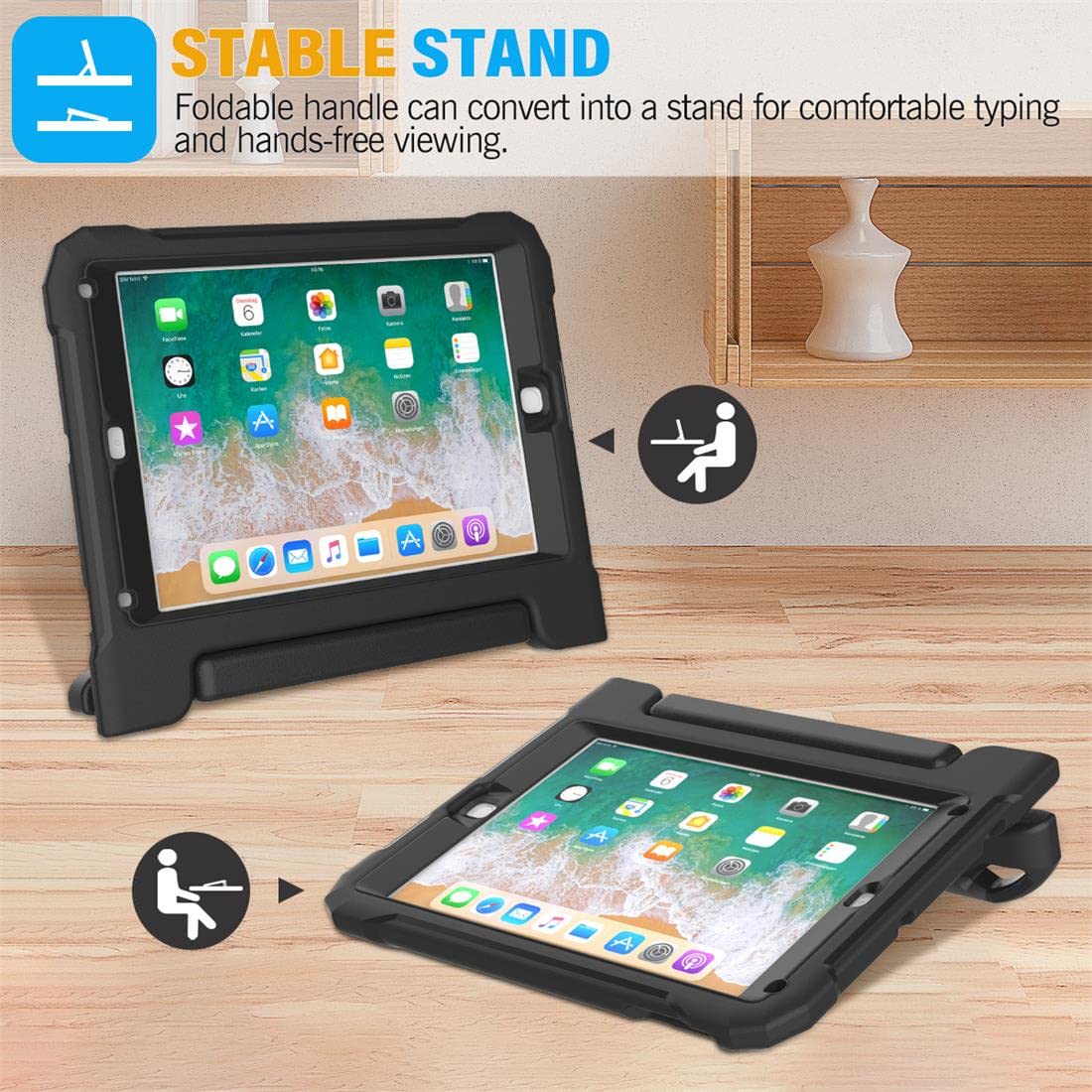 SUPLIK Shockproof Kids iPad Case for iPad 5th/6th Gen (9.7 inch 2017/2018), iPad Air 1/2 & iPad Pro 9.7 - Durable Protective Cover with Handle Stand & Screen Protector - Perfect for School, Travel & Home Use (Black)
