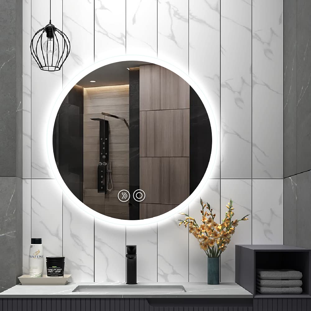 Panana 28 Inch LED Bathroom Mirror with Adjustable 3000K/4500K/6000K Lighting - Smart Anti-Fog Vanity Mirror with Dimmable Front Lights - Wall Mounted Round Makeup Mirror (28