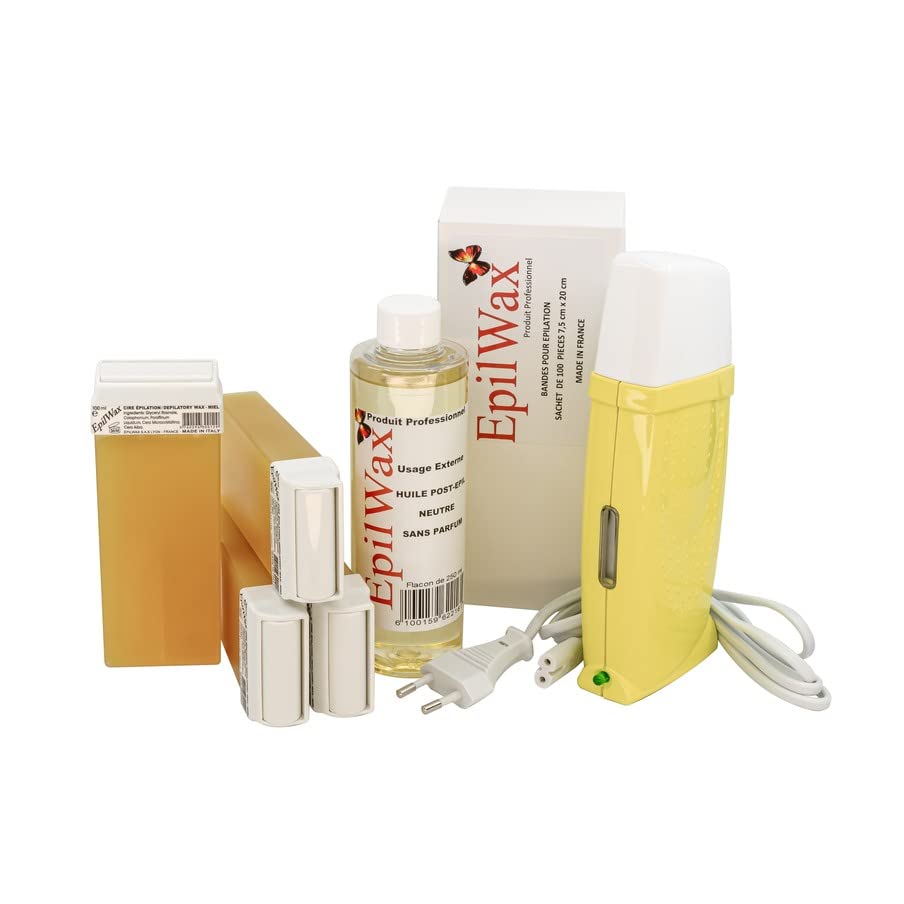 Professional EpilWax Royal Honey Waxing Kit - Wax Heater, 4 Roll-On Wax (100ml), 100 Depilatory Strips, 250ml After Wax Oil - Full Body Hair Removal for Women & Men - At-Home Salon Smooth Skin Care (Royal Honey Series 4) - Perfect for Legs, Arms, Bikini & Facial Hair Removal