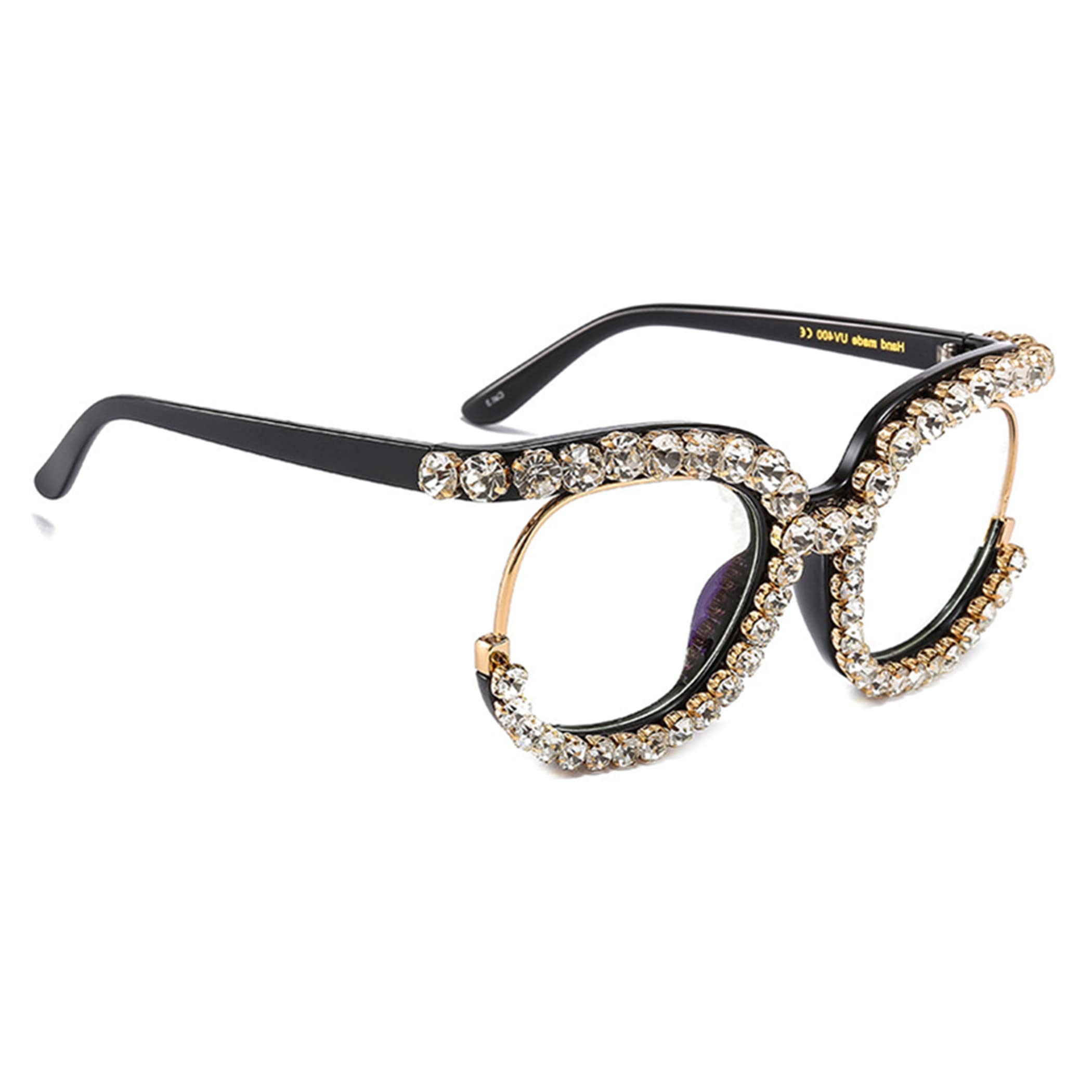 Bullabulling Vintage Fashion Women's Half-Rim Round Reading Glasses with Crystal Trim & Jeweled Frame - Costume Eyewear for Reading, Cosplay, and Retro Style Outfits