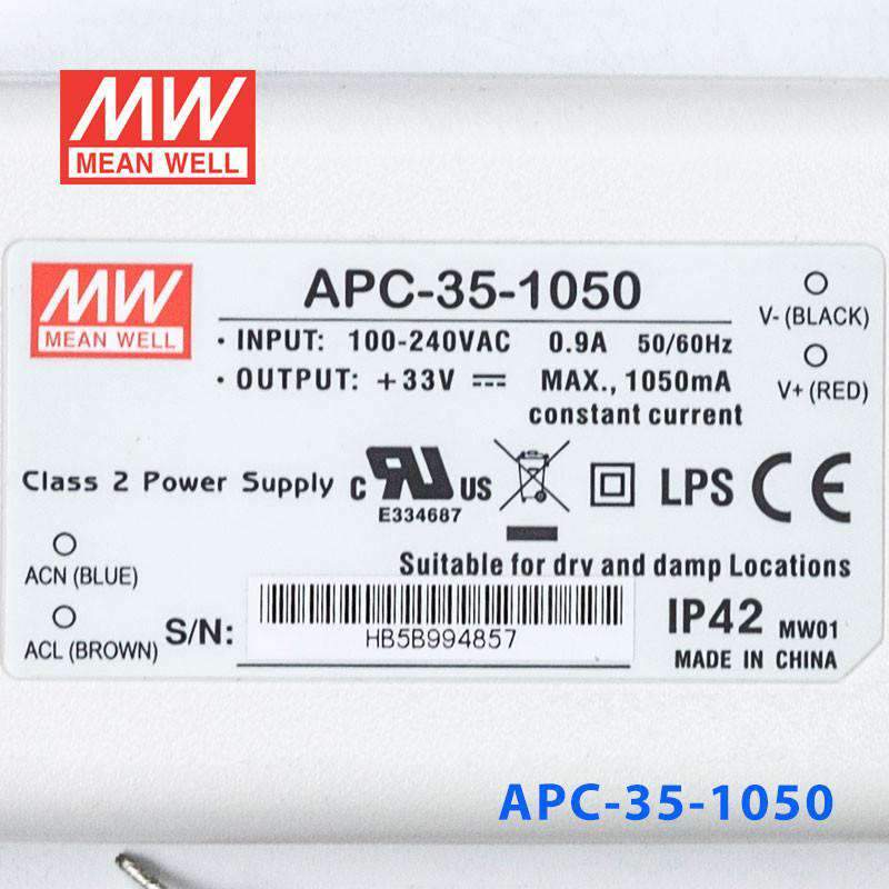 Mean Well APC-35 1050 Power Supply 35W 1050mA AC/DC Adapter - Perfect for LED Lighting, Security Systems & Industrial Equipment
