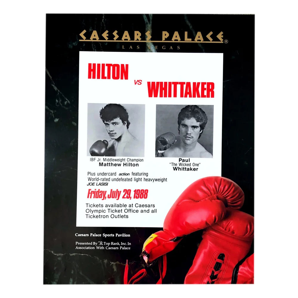 Matthew Hilton vs Paul Whittaker 22x28 Boxing Poster with COA - Owned by Caesars 7/29/1988 - Vintage Sports Memorabilia for Man Cave & Collector's Display