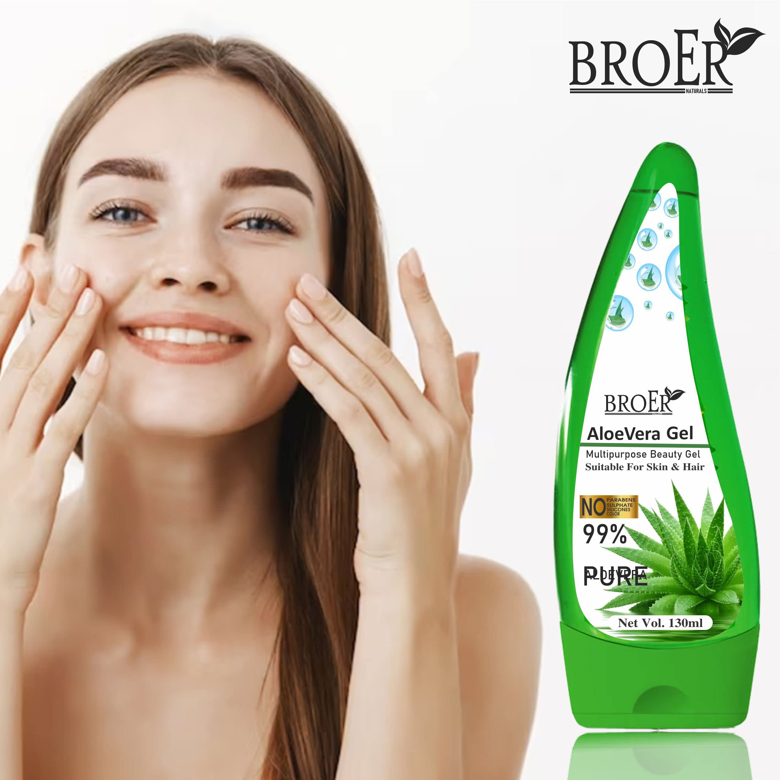 BROER Non-Toxic Aloe Vera Gel for Acne & Scars Treatment - Hydrating Skin Care for Glowing & Radiant Face - 130ml - Perfect for Daily Moisturizing, Sunburn Relief & After-Shave Soothing