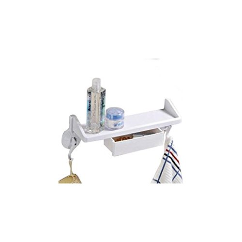 Wall Mounted Suction Storage Shelf with Hooks & Drawer - White | Bathroom, Kitchen & Garage Organization Solution