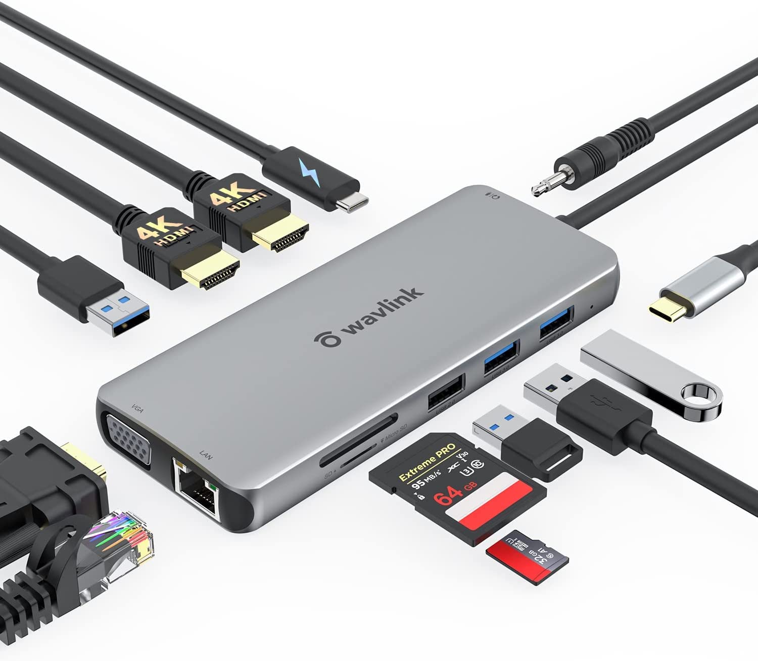 WAVLINK 12-in-1 USB C Hub with Triple Display, Dual 4K HDMI, VGA, Ethernet, 87W PD, USB 3.0, SD/Micro Card Reader - Compatible with MacBook Pro/Air, Dell, HP, Lenovo Laptops - Ideal for Home Office, Gaming & Multi-Screen Productivity