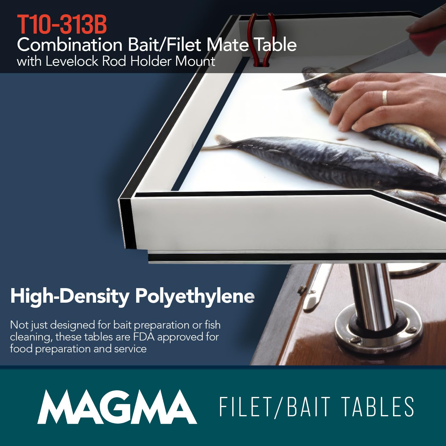 **MAGMA 31-Inch Fishing Fillet Table with LeveLock Mount & Rod Holder – Durable HDPE, UV-Stabilized – Includes Knife Holster & Plier Storage – Corrosion-Resistant, USA Made – Perfect for Boat, Dock, and Outdoor Fishing**    *(Use Case: Ideal for anglers, boat owners, and outdoor fishing enthusiasts to clean and prepare fish with ease.)*