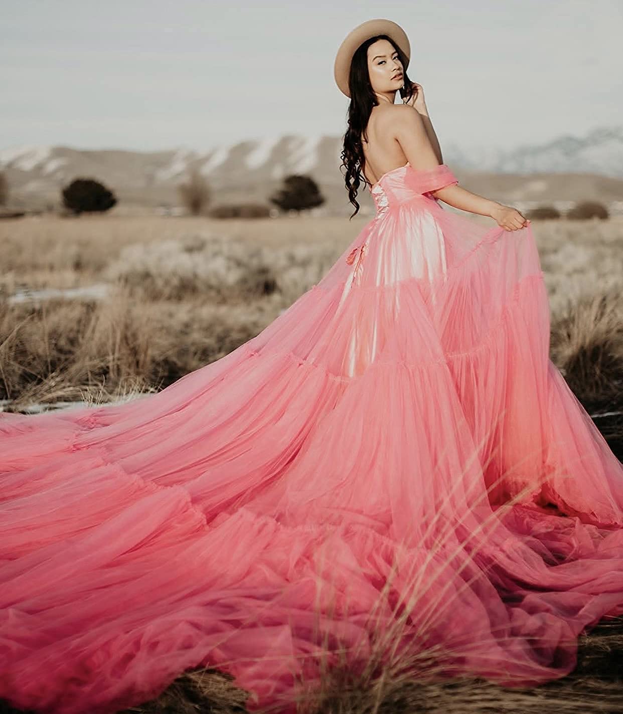 Elegant Tulle Maternity Gown for Photoshoot - Flowy Strapless Wedding Dress with Court Train, Lace Up Back & Ruffled Top - Perfect for Maternity Photography, Bridal Showers and Special Occasions