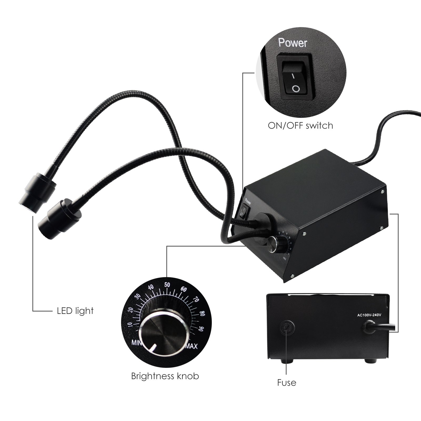 Cold LED Fiber Optic Dual Lights Illuminator - 6500K Shadow-Free Adjustable Lighting with Dimmer, Flexible Direction, 100V-240V for Dental, Jewelry & Microscope Work