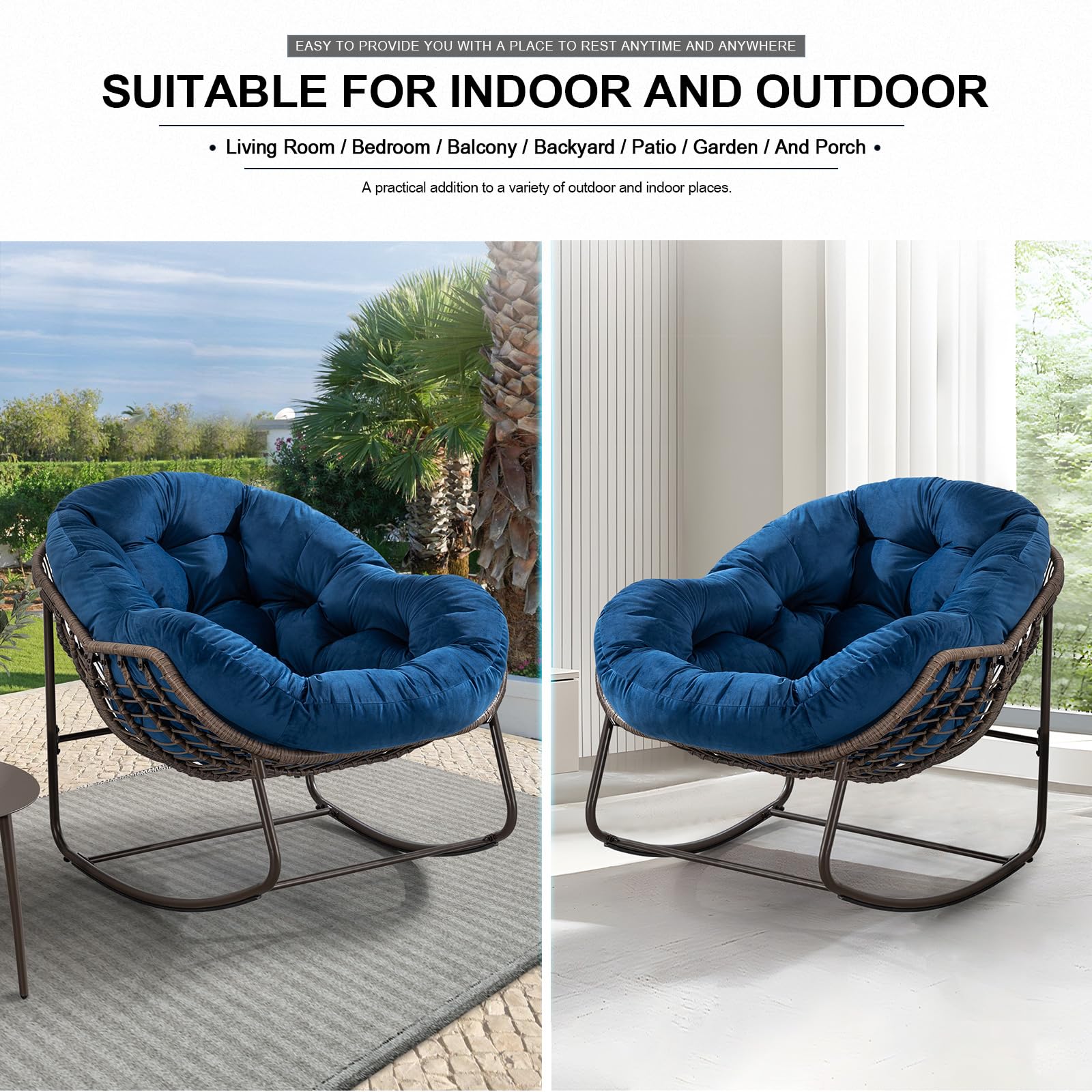 Outdoor Rocking Chair - Oversized Rattan Egg Rocking Chair with Padded Cushion for Patio, Garden, Porch, Balcony & Backyard - Modern Lounge Recliner Chair in Navy Blue - Perfect for Relaxing, Reading & Sunbathing