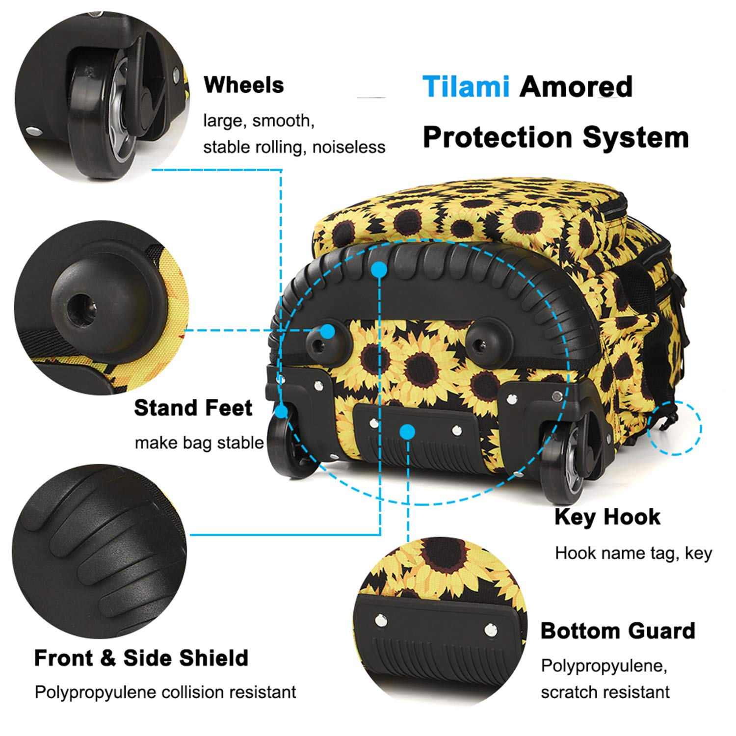 Tilami 19 Inch Rolling Backpack with Wheels & Detachable Lunch Bag - Wheeled Laptop Backpack for School, College, Travel & Work (Sunflower Yellow) - Perfect for Commuting, Business Trips & Campus Life